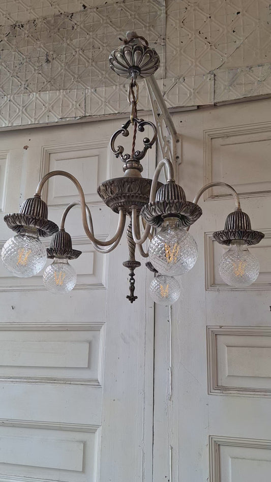 Ornate Silver and Iron Antique Chandelier, Bare Bulb Style Silver Chandelier, Vintage Fancy Chandelier, Architecture Salvage