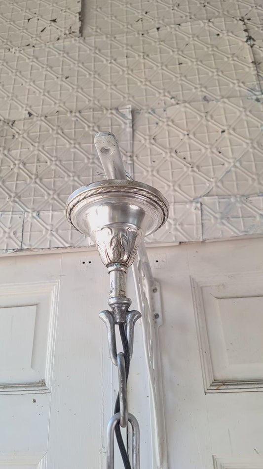 Silver Plated Chandelier: Vintage Four Arm Pan Light with Frosted White Glass Shades