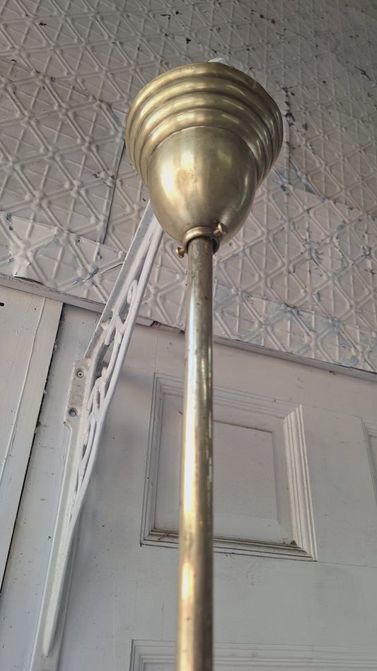 48" Antique Chandelier with Ruffled Etched Glass Shades, Tall Vintage Brass Chandelier Light