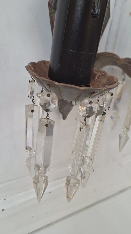 Pair of Gothic Style Cast Iron Sconces with Crystals, Vintage Antique Hammered Texture Wall Sconces, Tudor Style 121001