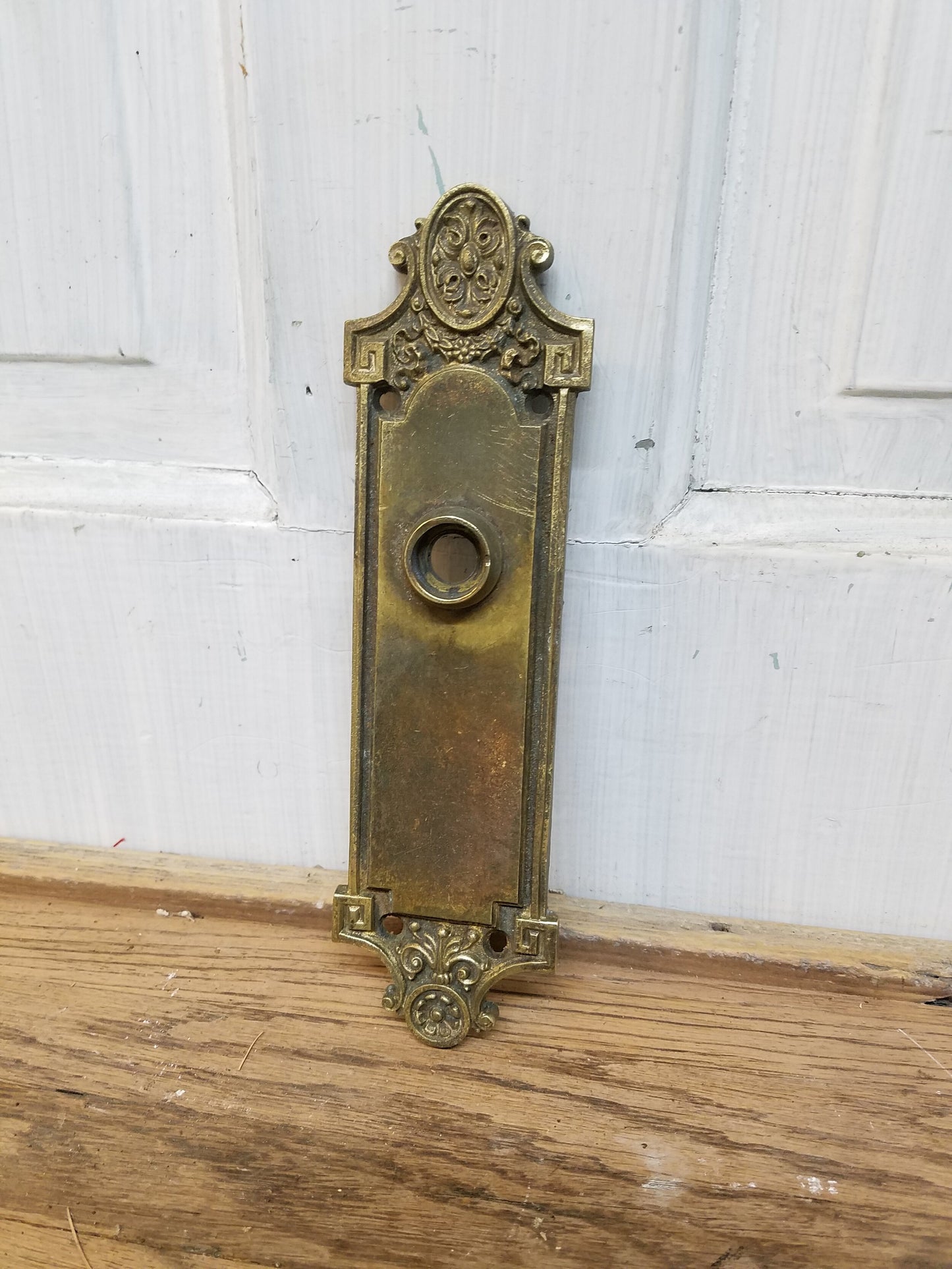 Victorian Brass Doorknob Escutcheon, Antique Brass Floral Backplate, Ships Free