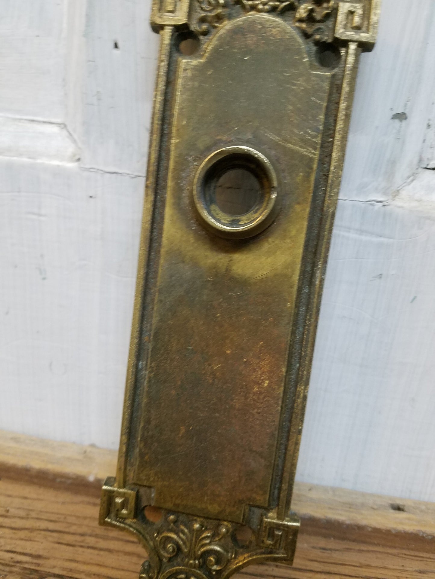 Victorian Brass Doorknob Escutcheon, Antique Brass Floral Backplate, Ships Free