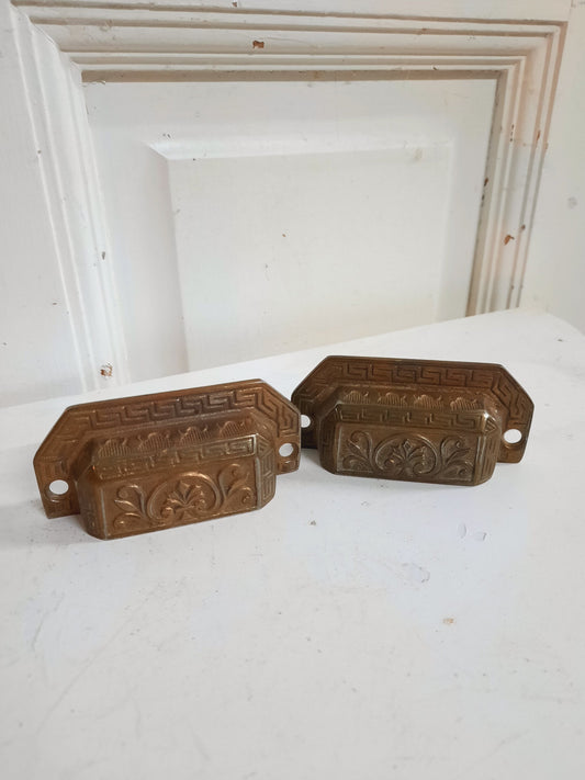 Two Brass Plated Eastlake Handles, Pair Ornate Bin Pulls