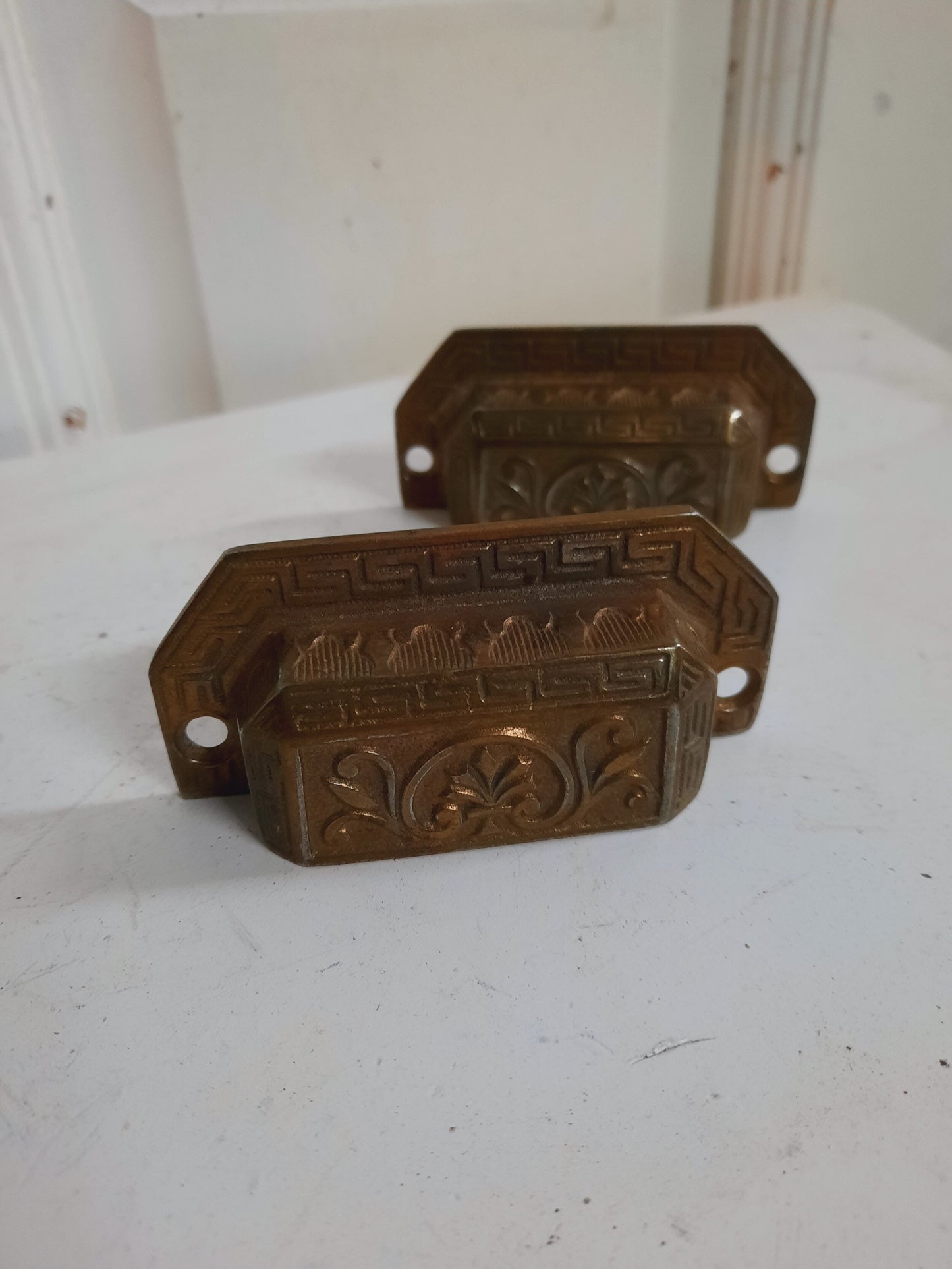 Two Brass Plated Eastlake Handles, Pair Ornate Bin Pulls