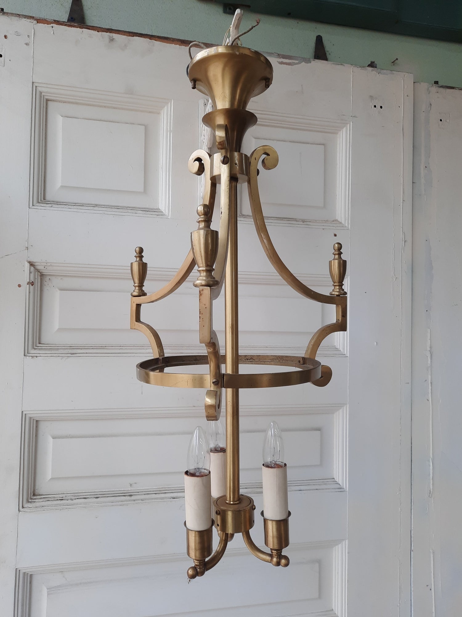 Early Brass and Yellow Glass Electric Chandelier, Large Curved Arm