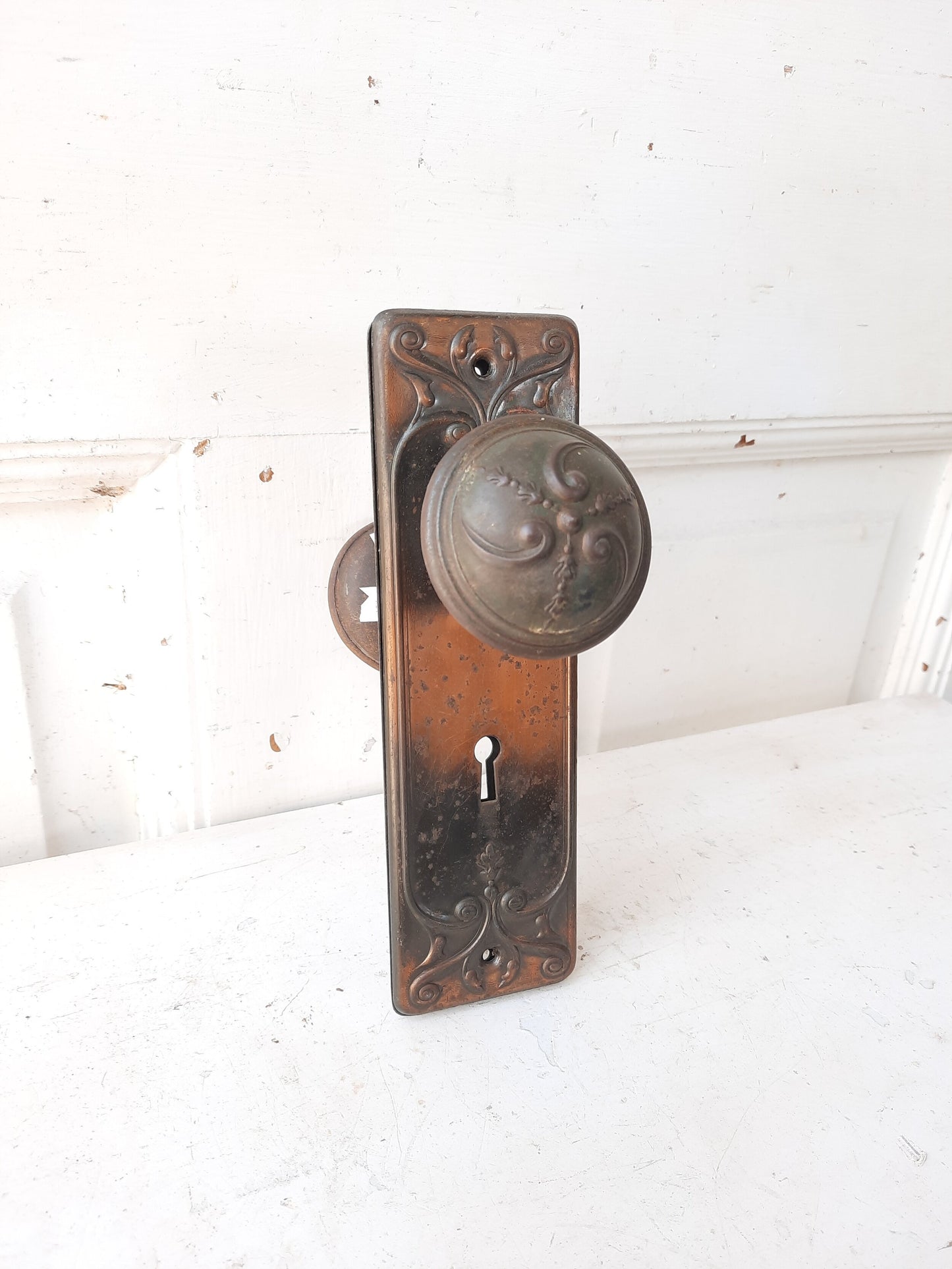 Early 1900s Clermont Door Hardware Set, Copper Door Plates and Knobs