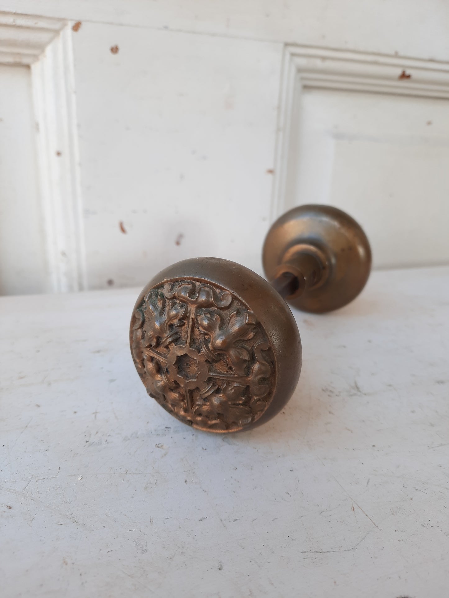 Ornate Cast Bronze Doorknob Pair, Detailed Design Door Knobs H-475