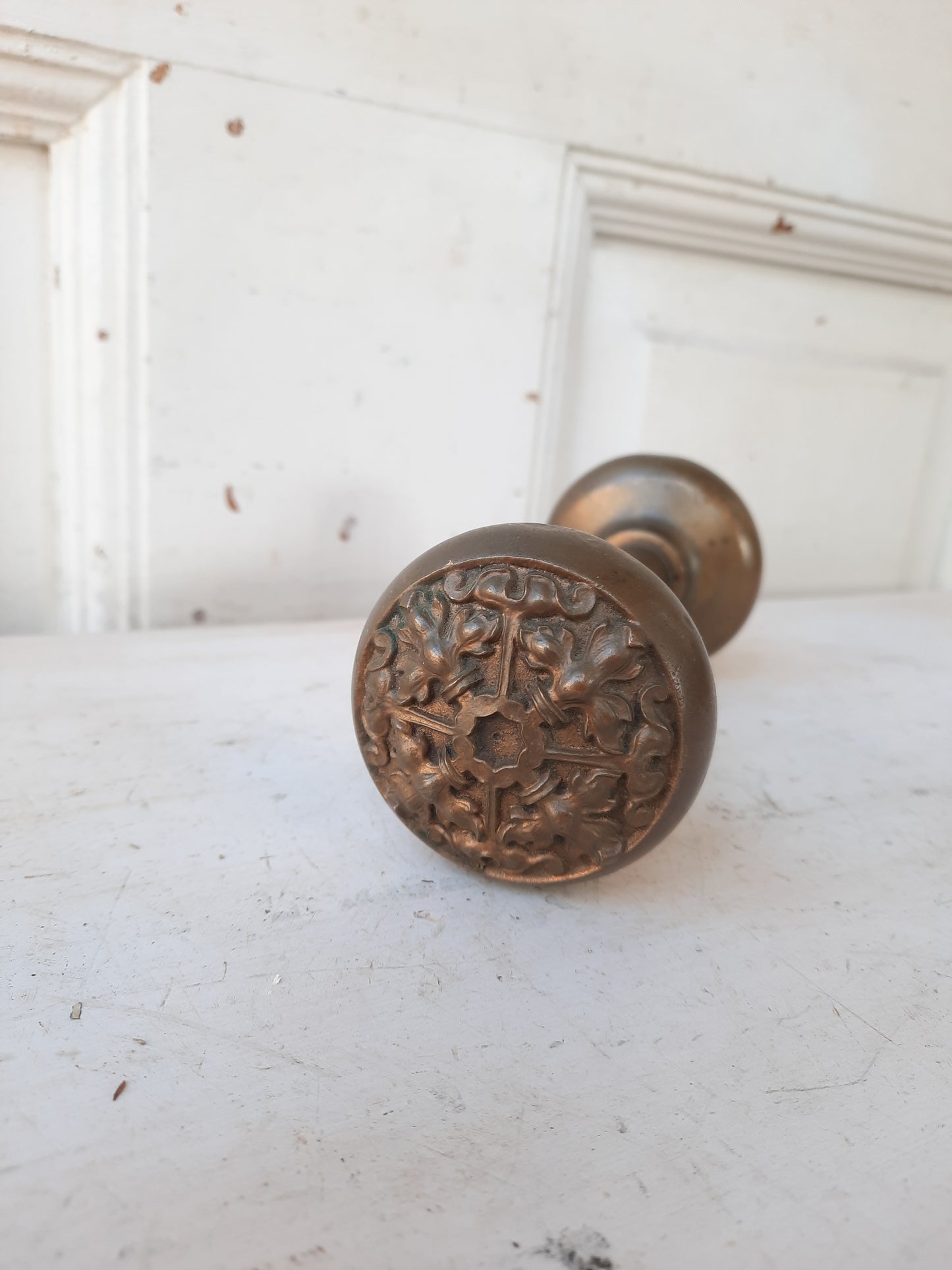 Ornate Cast Bronze Doorknob Pair, Detailed Design Door Knobs H-475