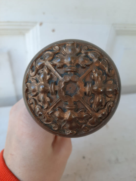 Ornate Cast Bronze Doorknob Pair, Detailed Design Door Knobs H-475