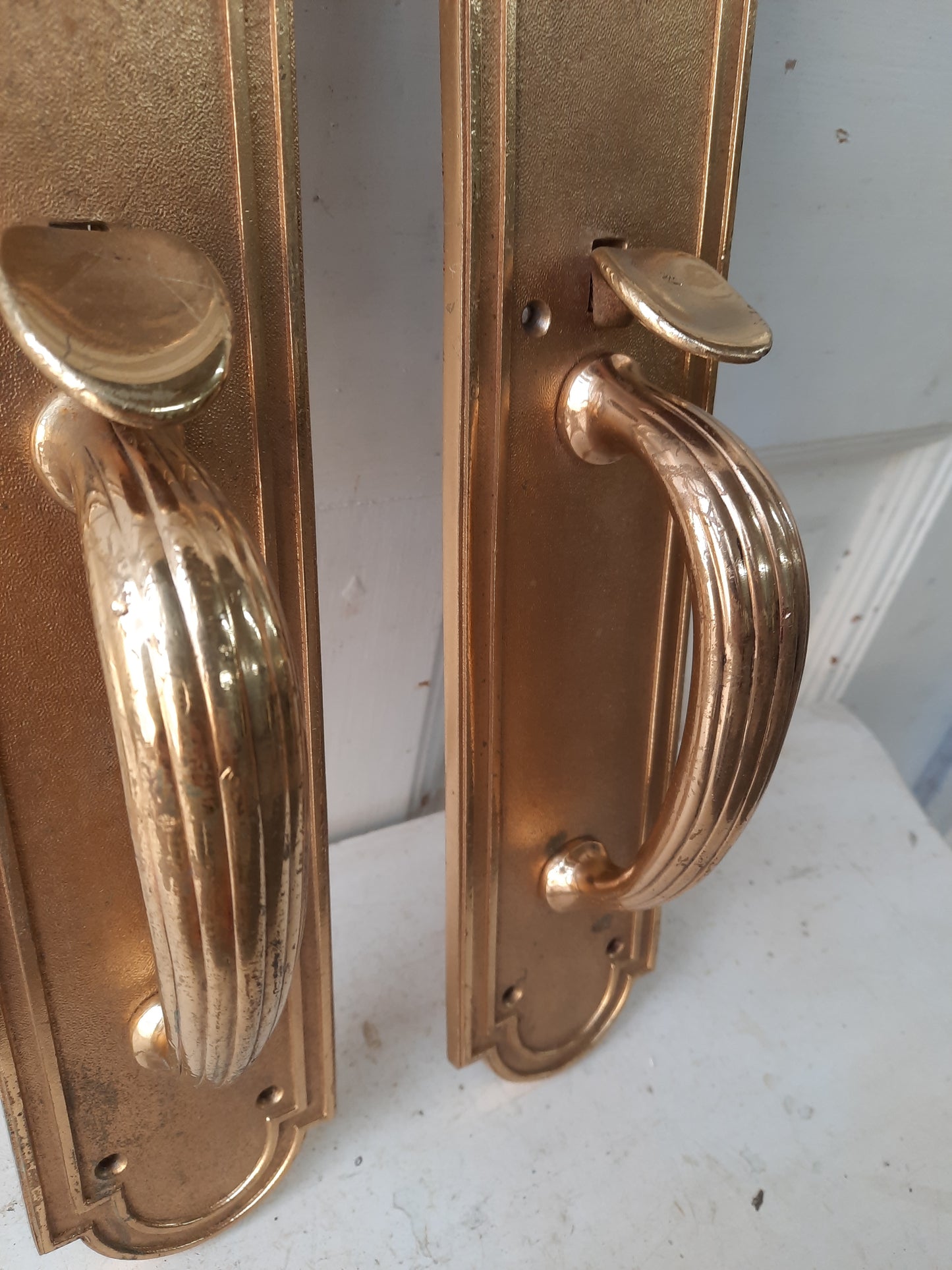 Russwin Antique Bronze Commercial Thumb Latch Pulls, Double Door Pitcher Style Handles
