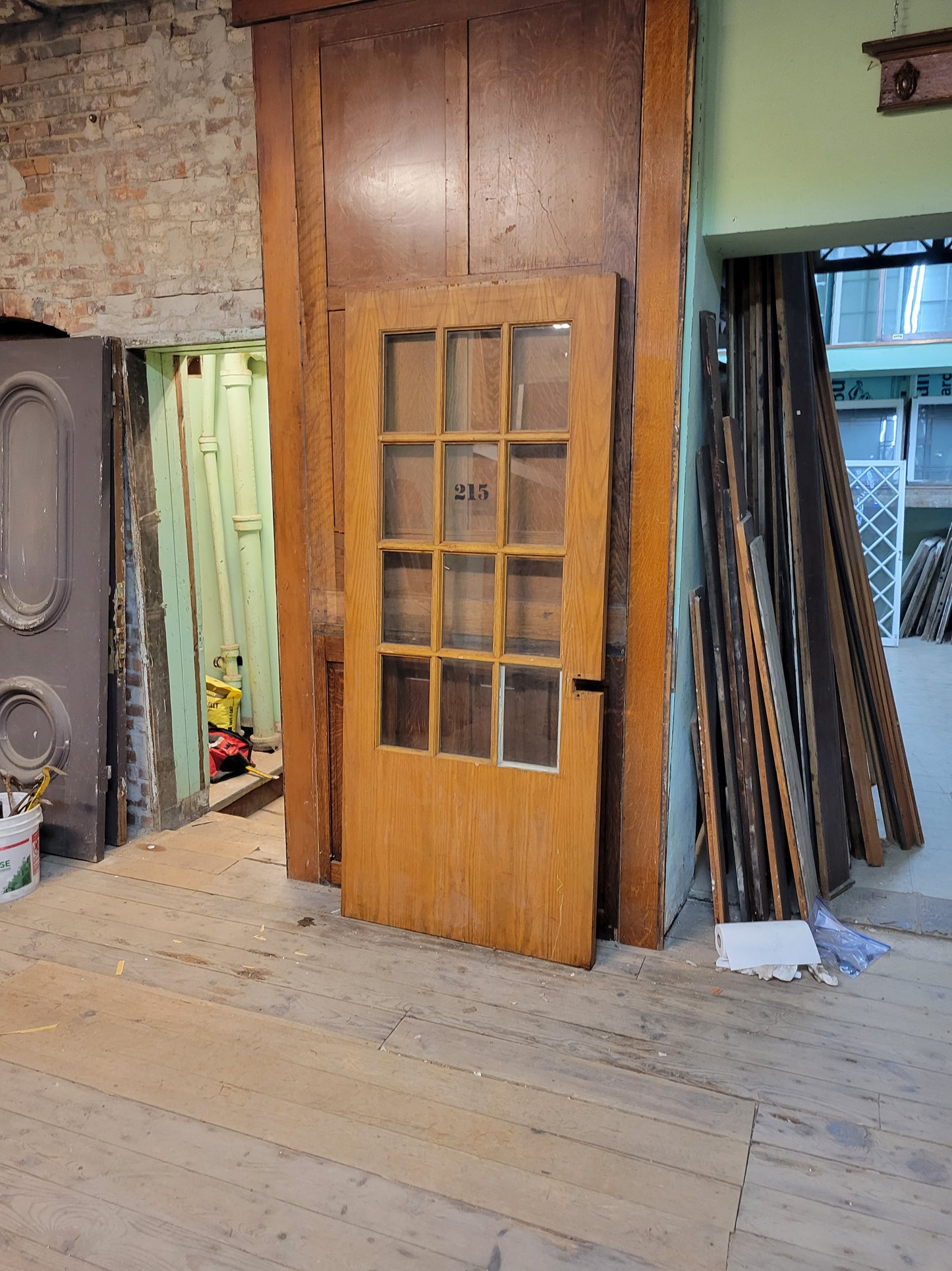 36" Wide Oak Veneer Door with Glass, Vintage Glass and Wood Door