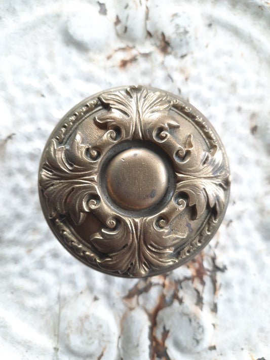 Large Ornate Bronze Entry Doorknob, Decorative Leaf Design Antique Door Knob