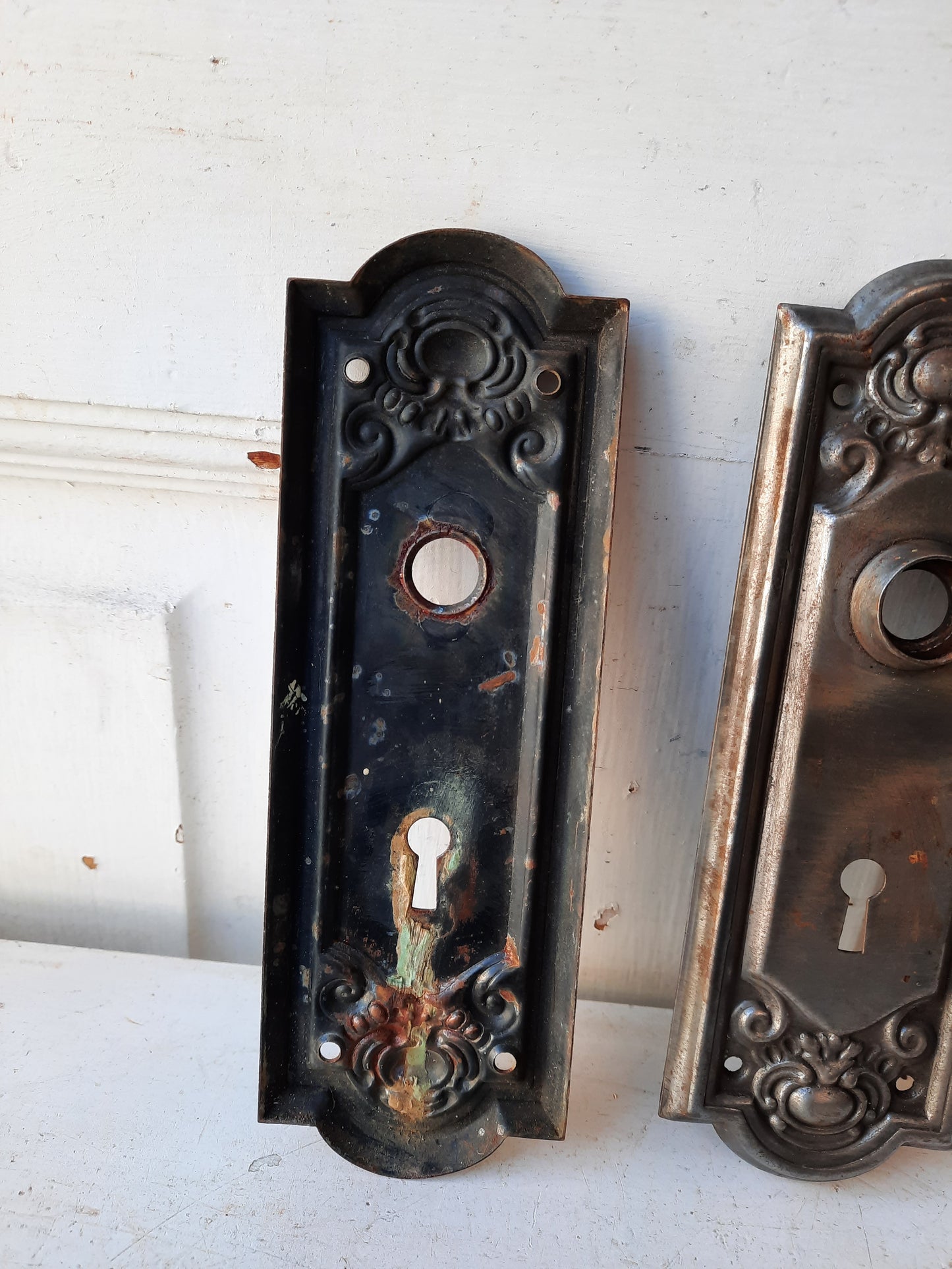Pair of Stamped Floral Pattern Steel Backplates, Antique Doorknob Plates