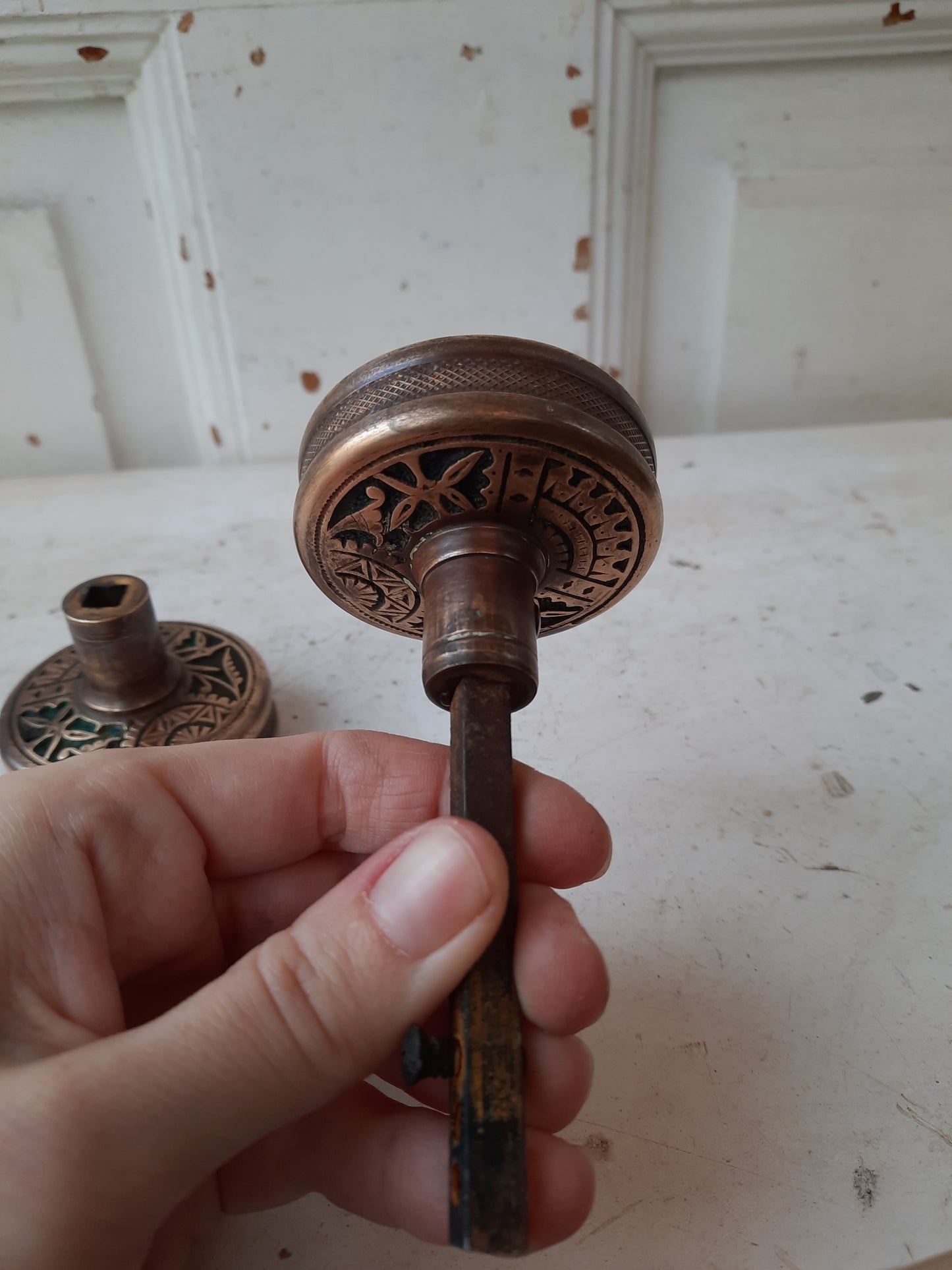 Pair of Oriental Pattern by Branford Hardware Doorknobs, Eastlake Bronze Antique Door Knob Set