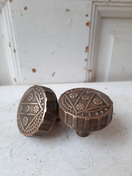 Pair of Ornate Drum Style Bronze Doorknobs, Eastlake Bronze Antique Door Knob Set