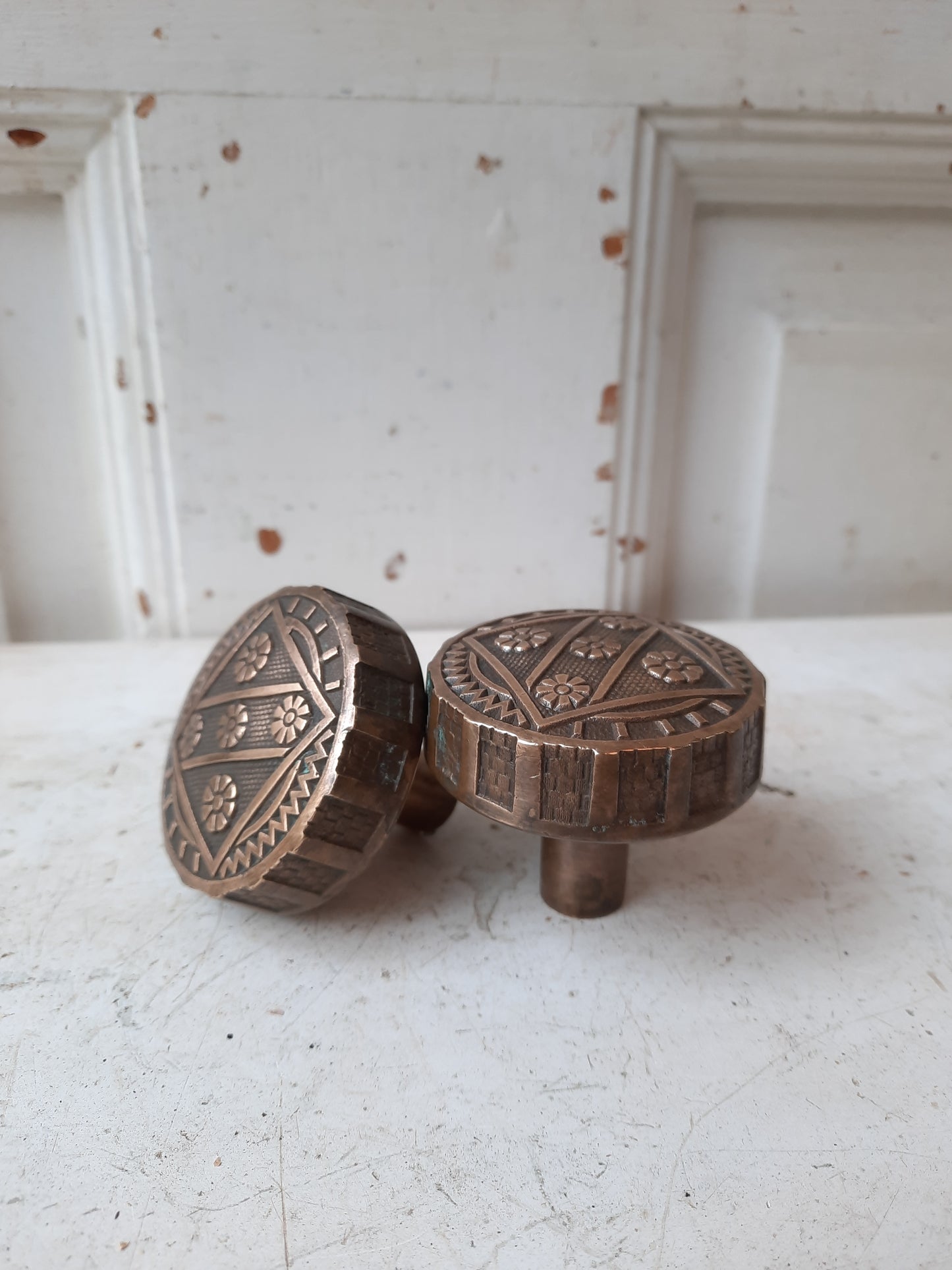 Pair of Ornate Drum Style Bronze Doorknobs, Eastlake Bronze Antique Door Knob Set