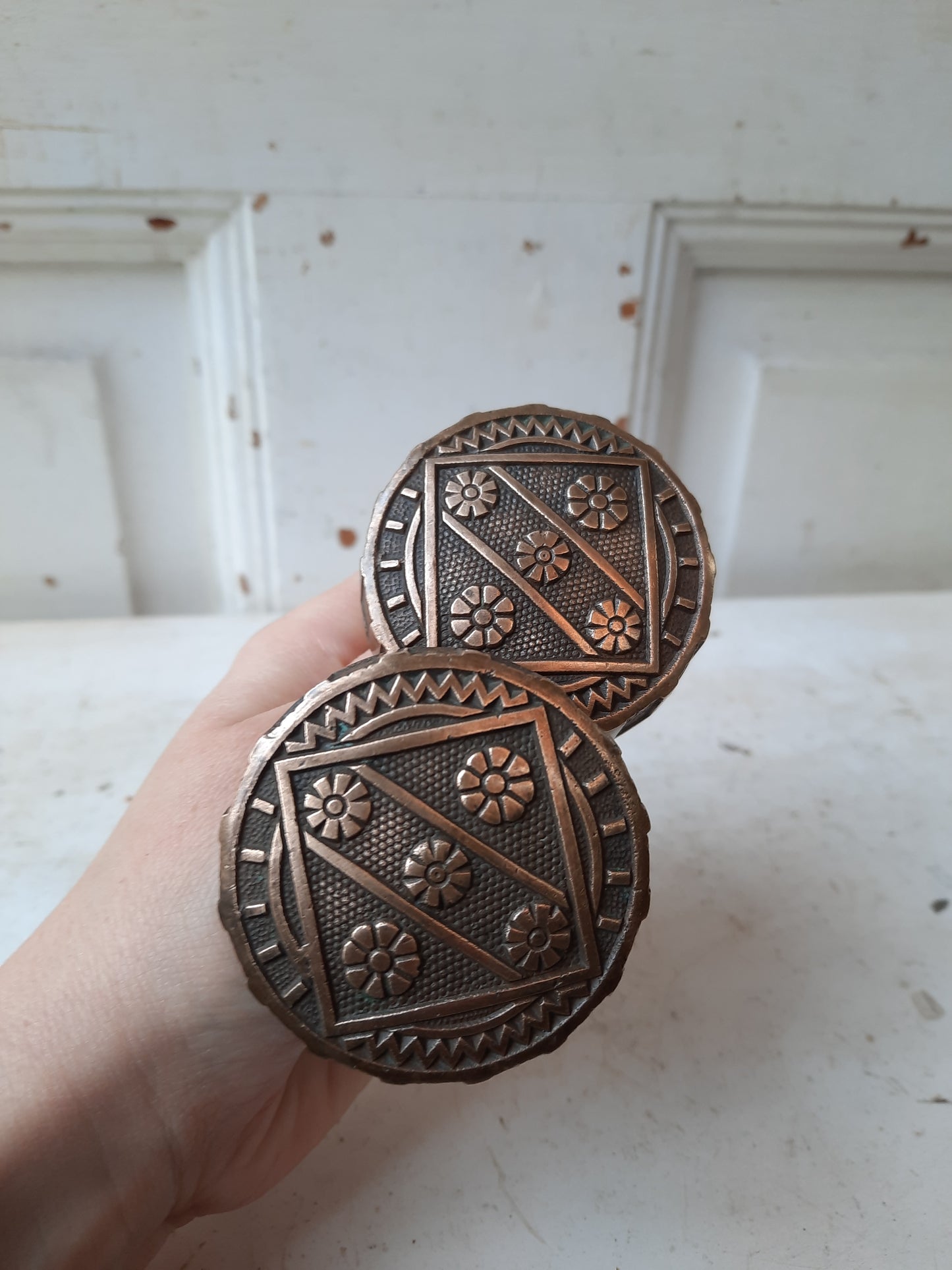 Pair of Ornate Drum Style Bronze Doorknobs, Eastlake Bronze Antique Door Knob Set