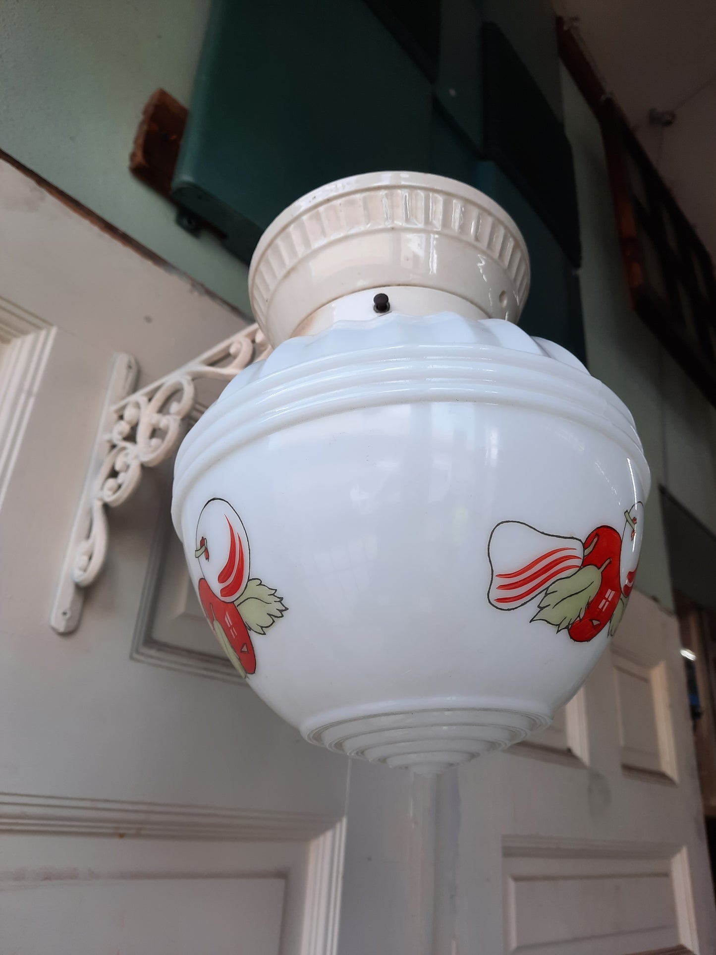 Retro Ceramic and Glass Painted Fruit Light, Kitschy Painted Porcelain and Glass Shade Light