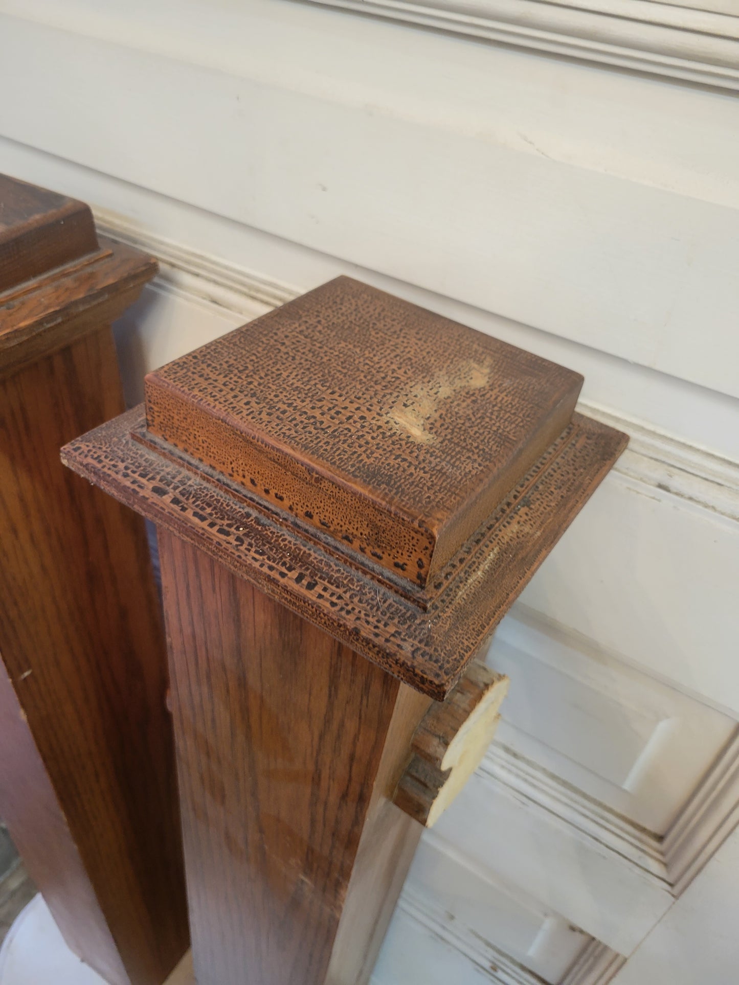 Pair of Antique Pine Newel Posts, Set of Matching Vintage Wood Staircase Newel Post