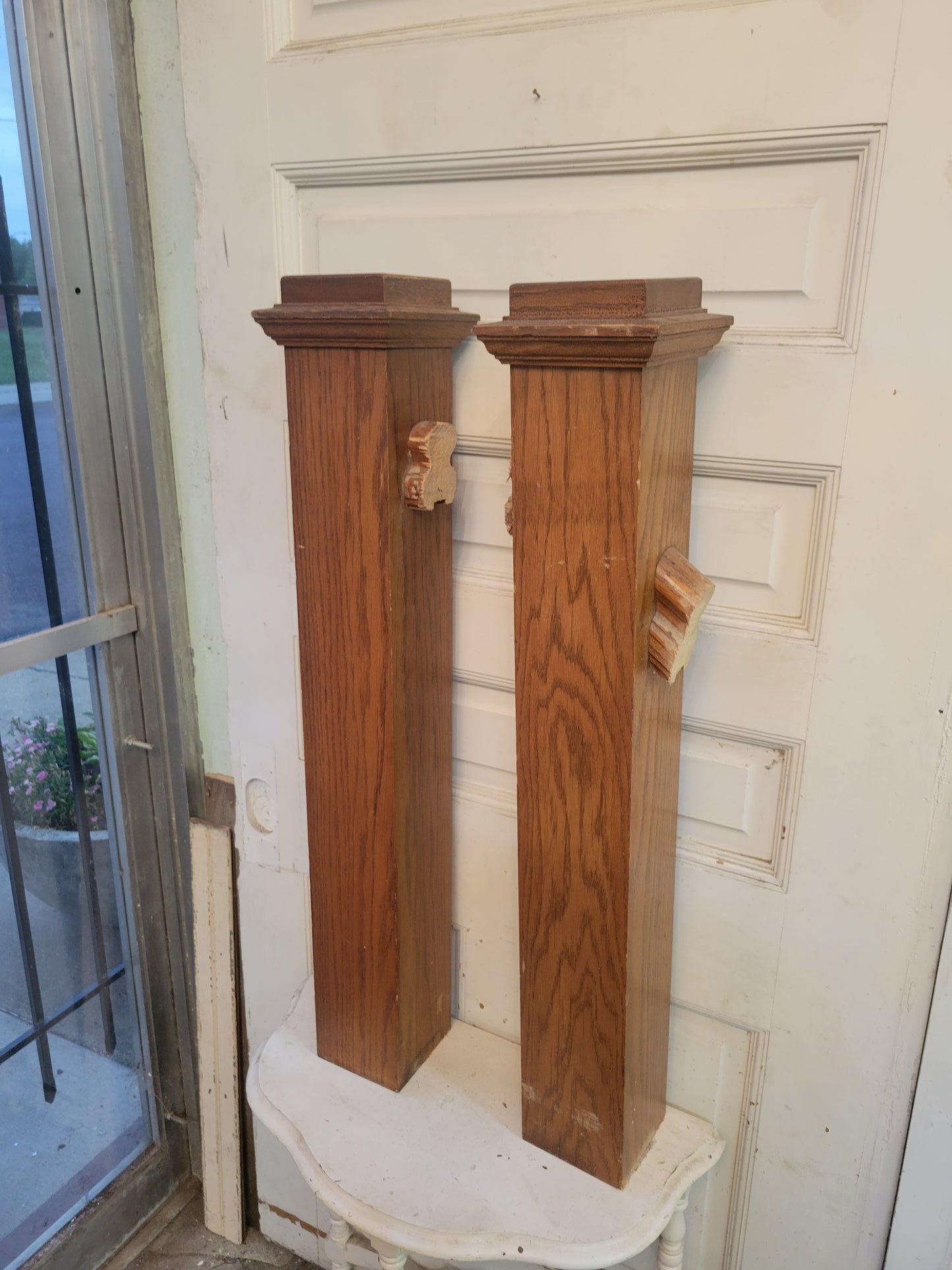Pair of Antique Pine Newel Posts, Set of Matching Vintage Wood Staircase Newel Post
