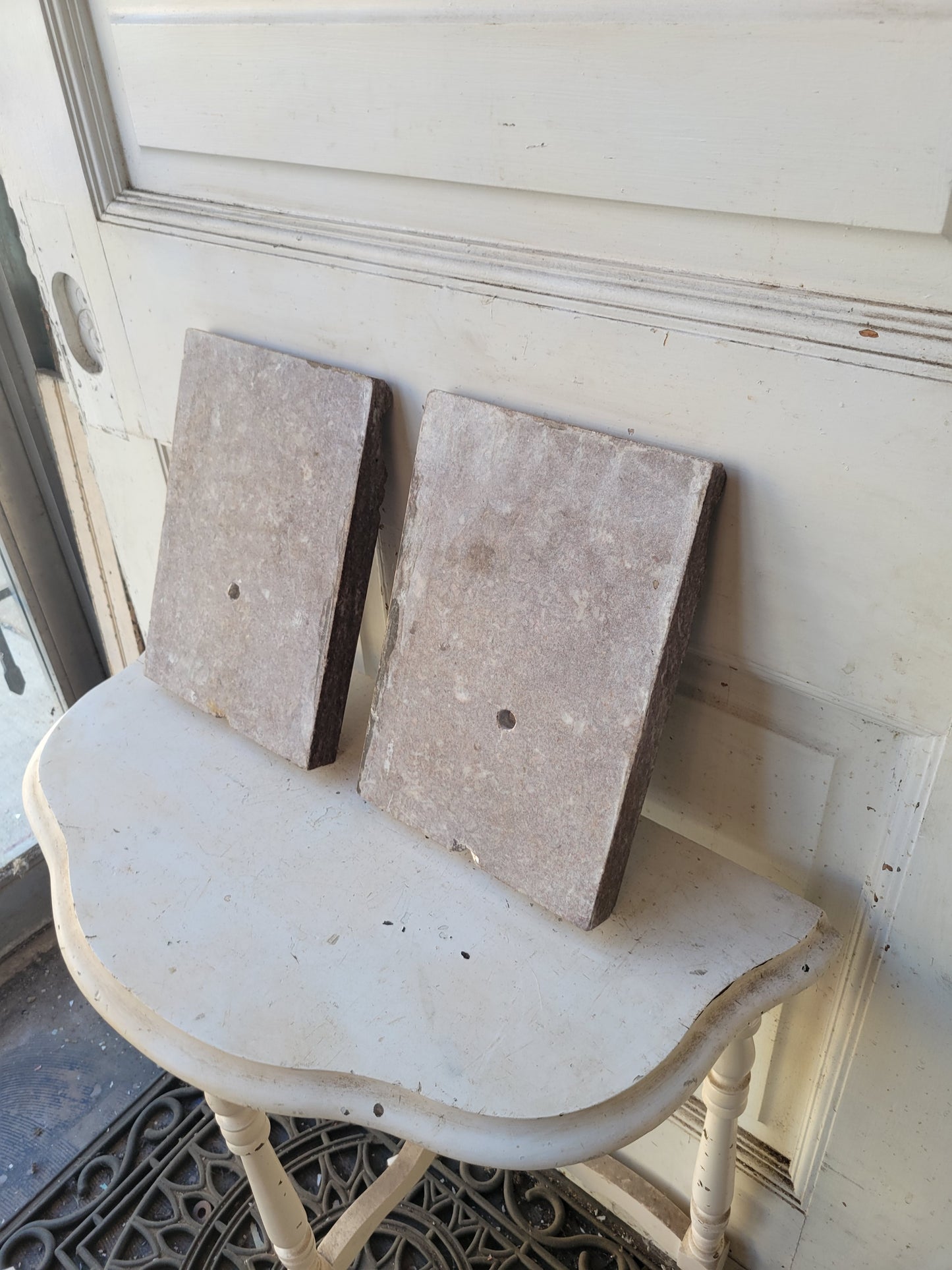 Pair of Etched Granite Plinth Blocks, Antique Eastlake Carved Marble or Granite Keystones