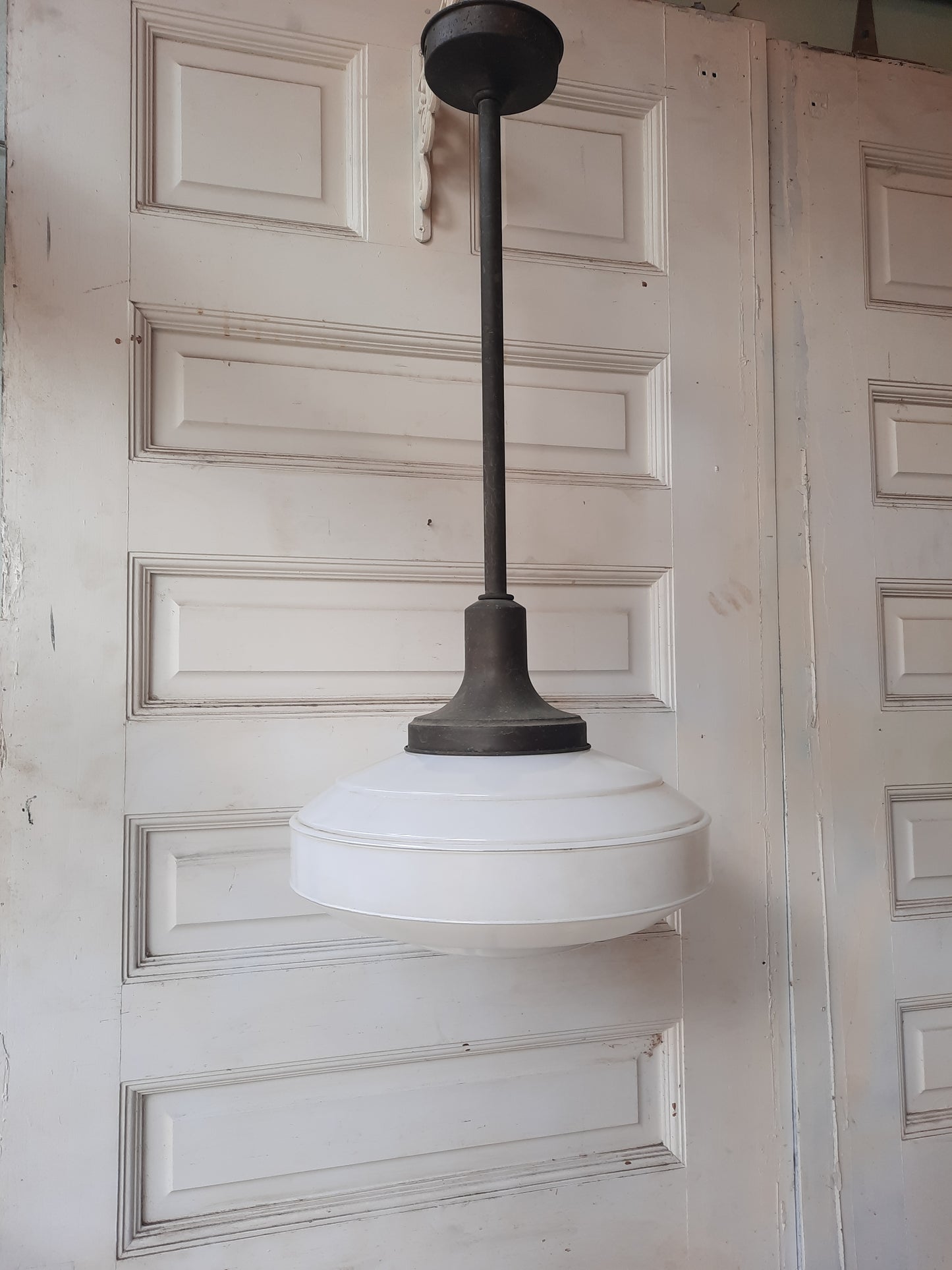 Two Tone Glass Schoolhouse Light Fixture, Vintage Brass and Glass Industrial Style Pendant Light