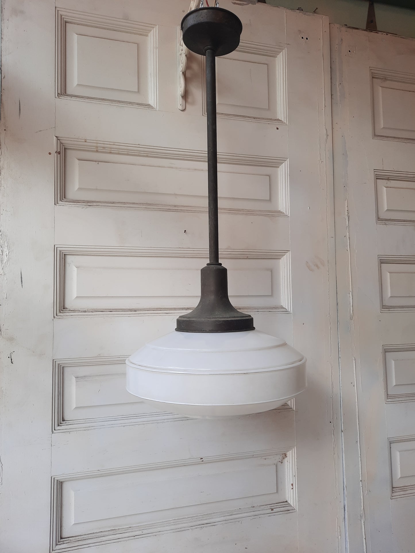 Two Tone Glass Schoolhouse Light Fixture, Vintage Brass and Glass Industrial Style Pendant Light