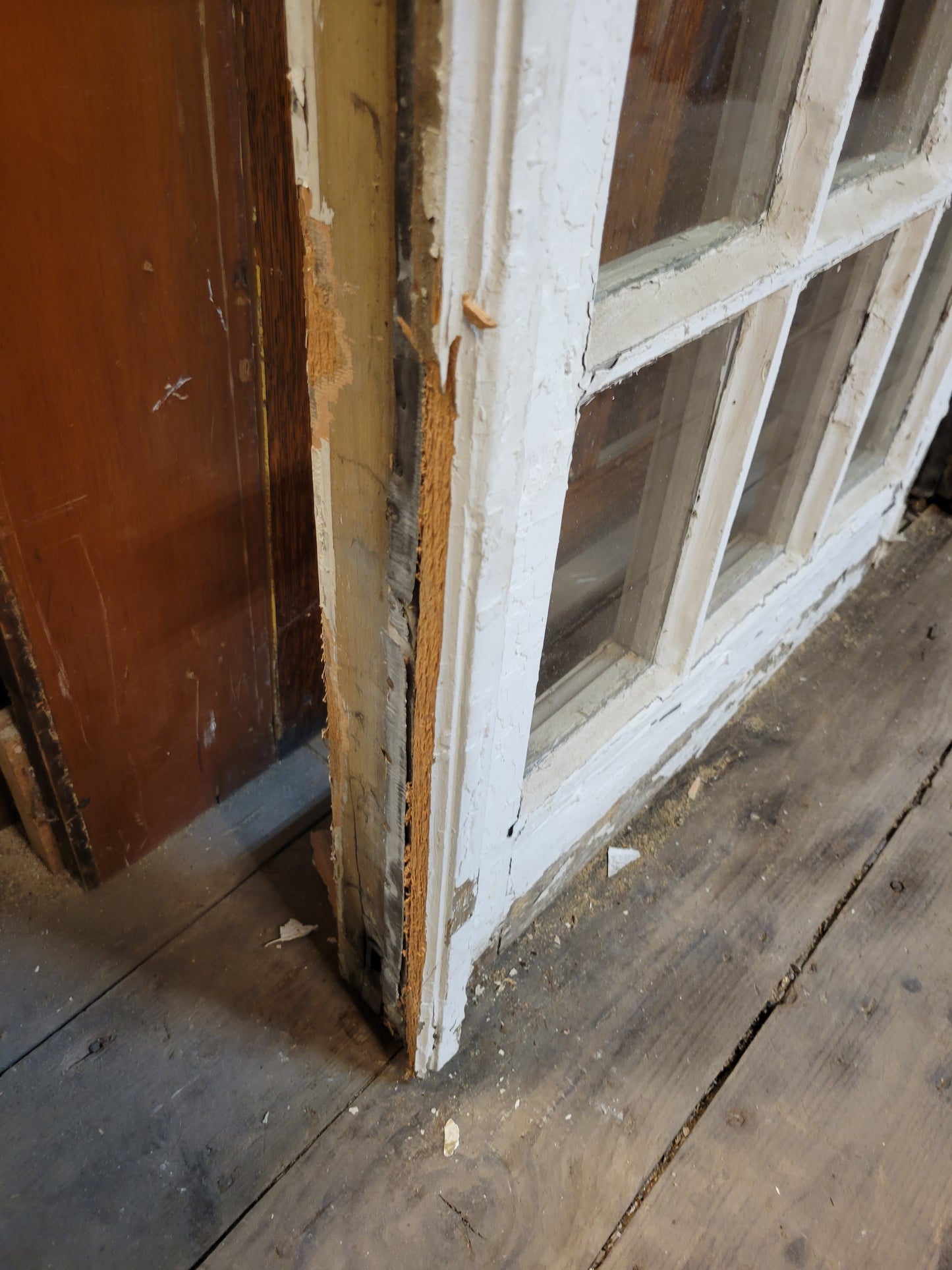 48" White Antique Wood French Door Pair, Set of Glass 21 Pane Double Doors