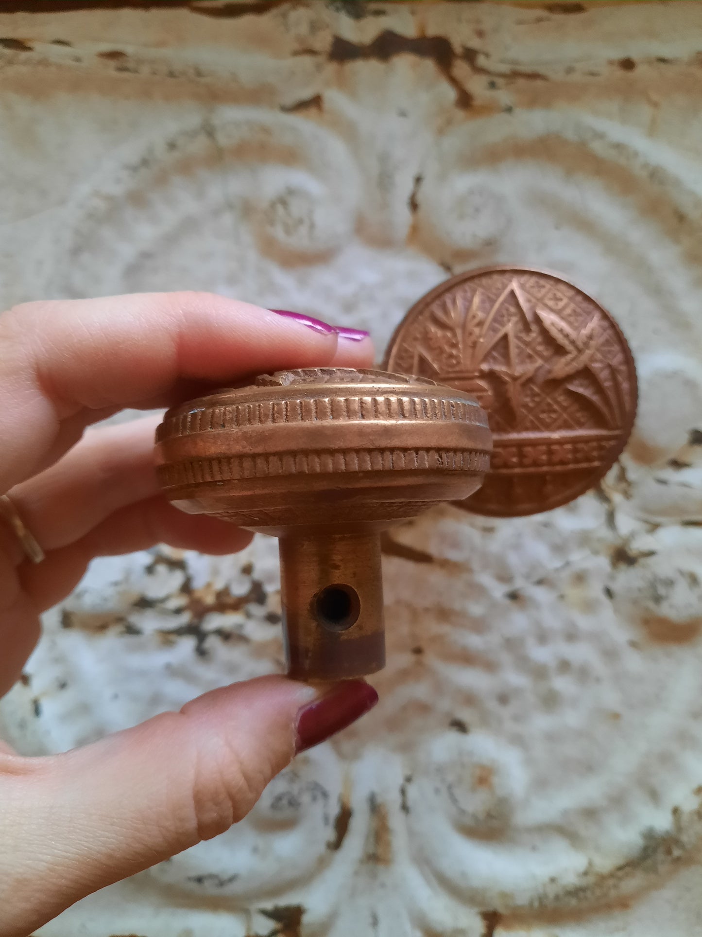 Pair of Bronze "Broken Leaf" Doorknobs, Antique Eastlake Style Doorknob Set
