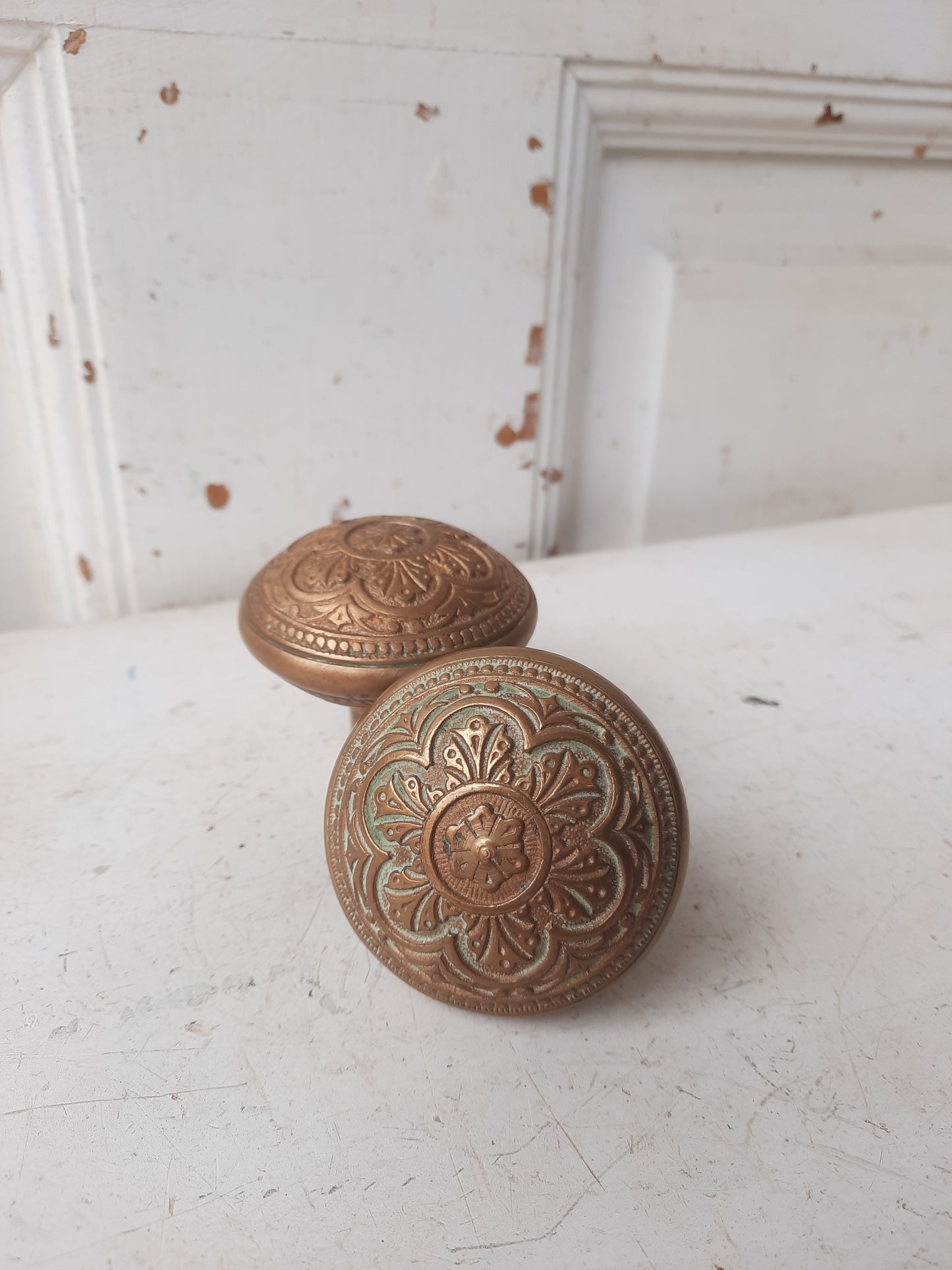 Victorian Era Bronze Doorknob Set, Pair of Fancy Antique Door Knobs
