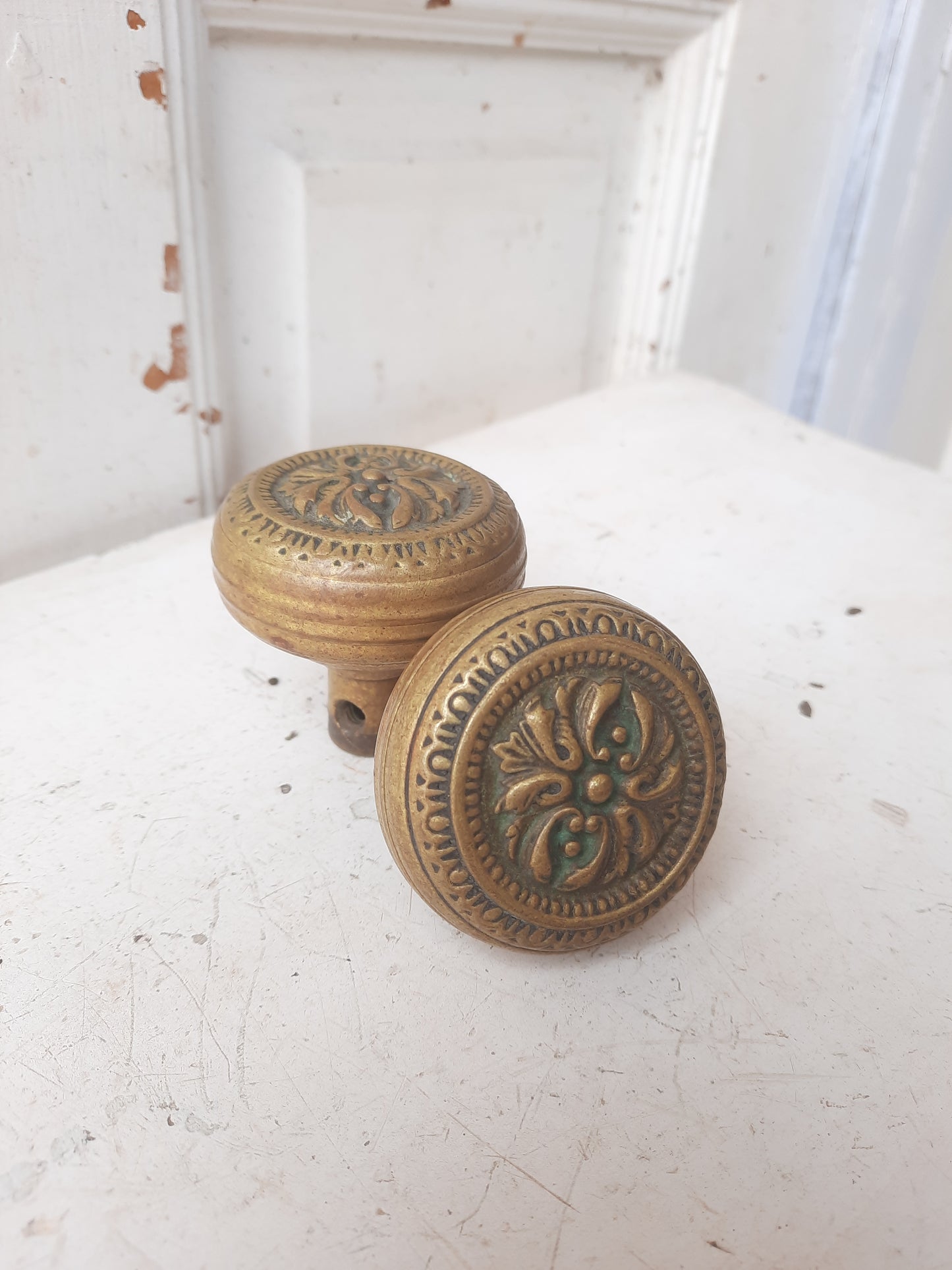 Ornate Pair of Antique Brass Doorknobs, 1900s Brass or Bronze Door Knobs with Design F-208