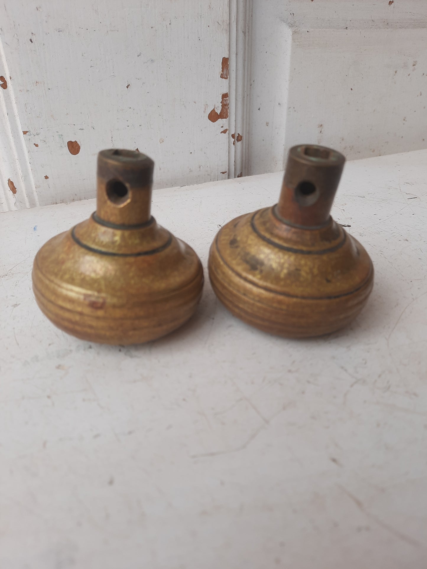 Ornate Pair of Antique Brass Doorknobs, 1900s Brass or Bronze Door Knobs with Design F-208