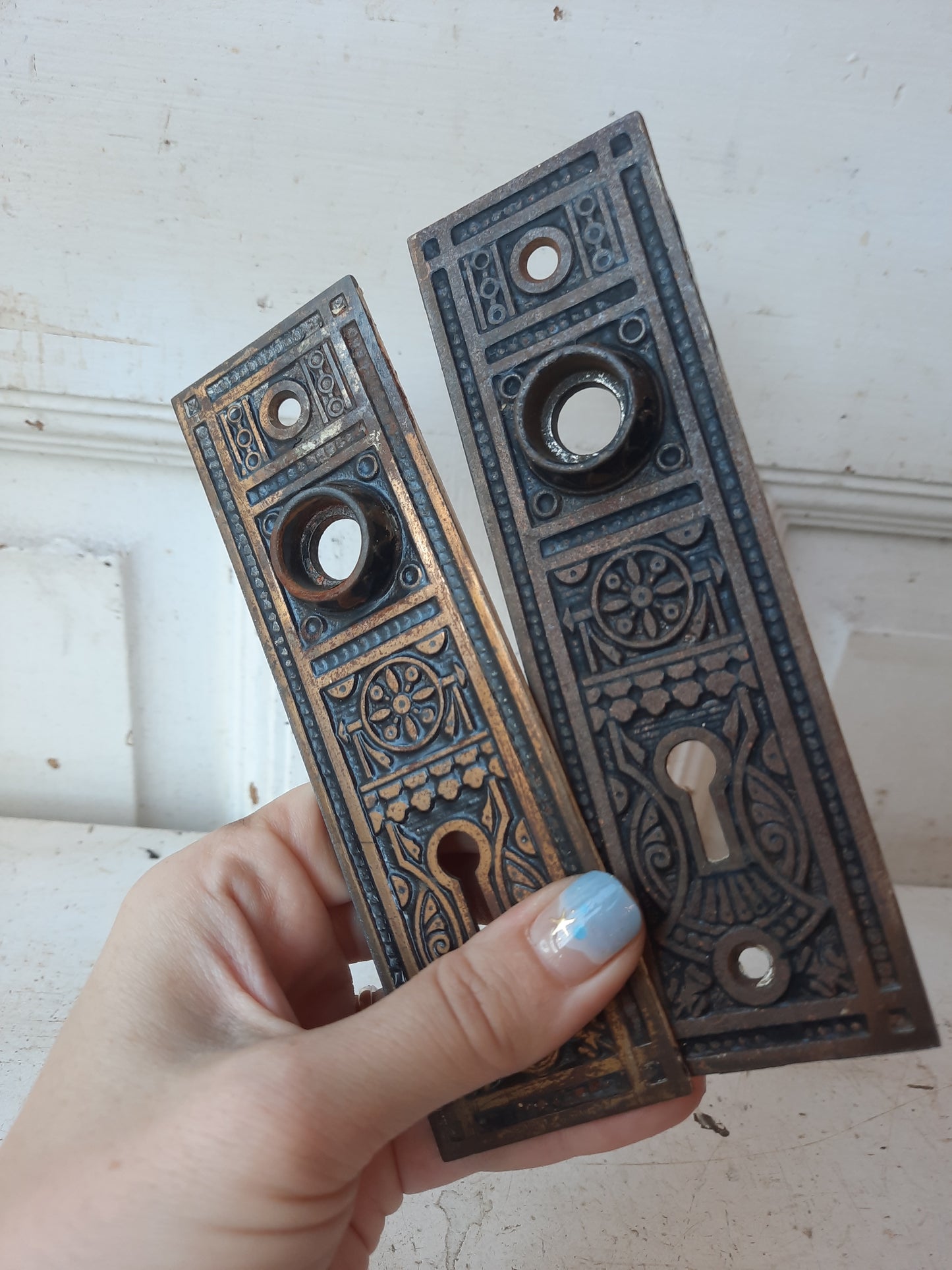 Pair of Brass Plated Iron Door Backplates, Antique Door Knob Eastlake Escutcheons