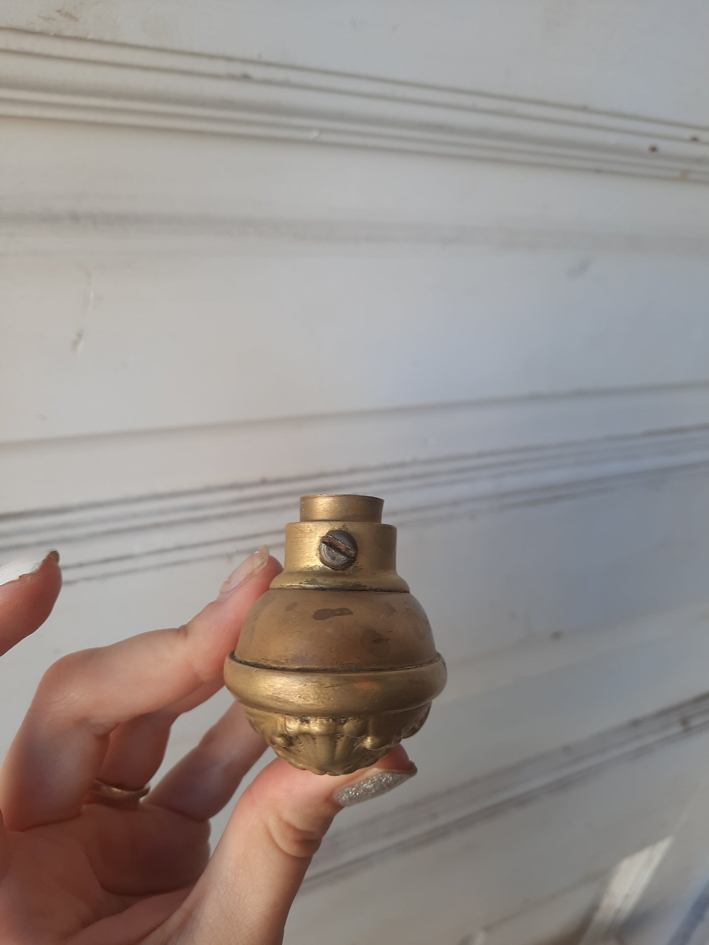 Exterior Doorknob Set with 3/8" Spindle, Ornate Oval Antique Brass Doorknob Pair