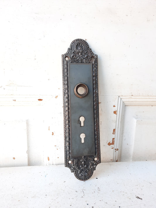 Antique Iron Entry Backplate, Double Keyhole Front Door Plate