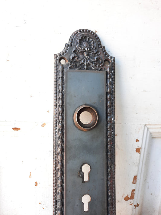 Antique Iron Entry Backplate, Double Keyhole Front Door Plate