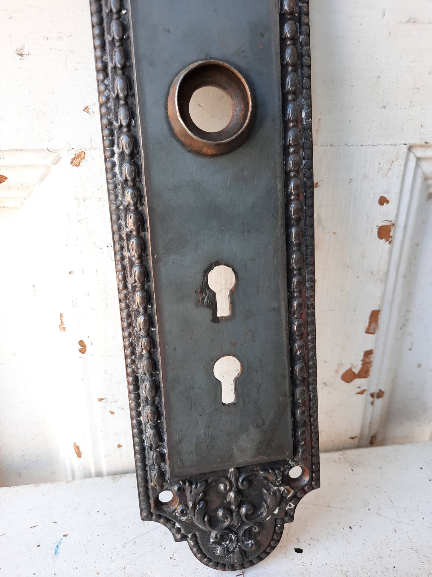 Antique Iron Entry Backplate, Double Keyhole Front Door Plate