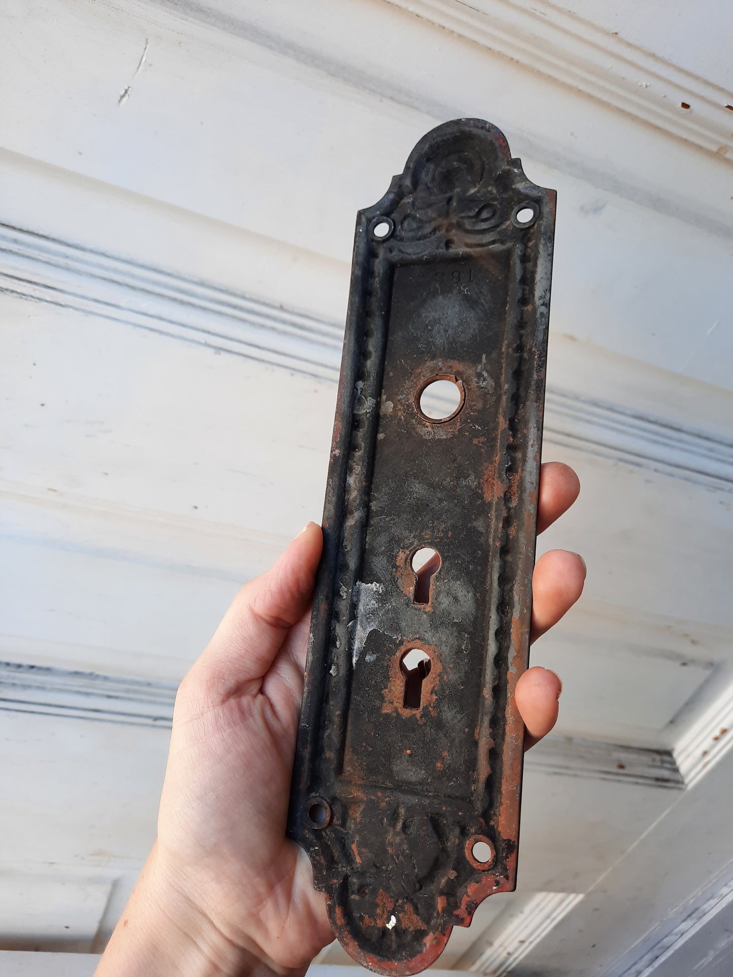 Antique Iron Entry Backplate, Double Keyhole Front Door Plate