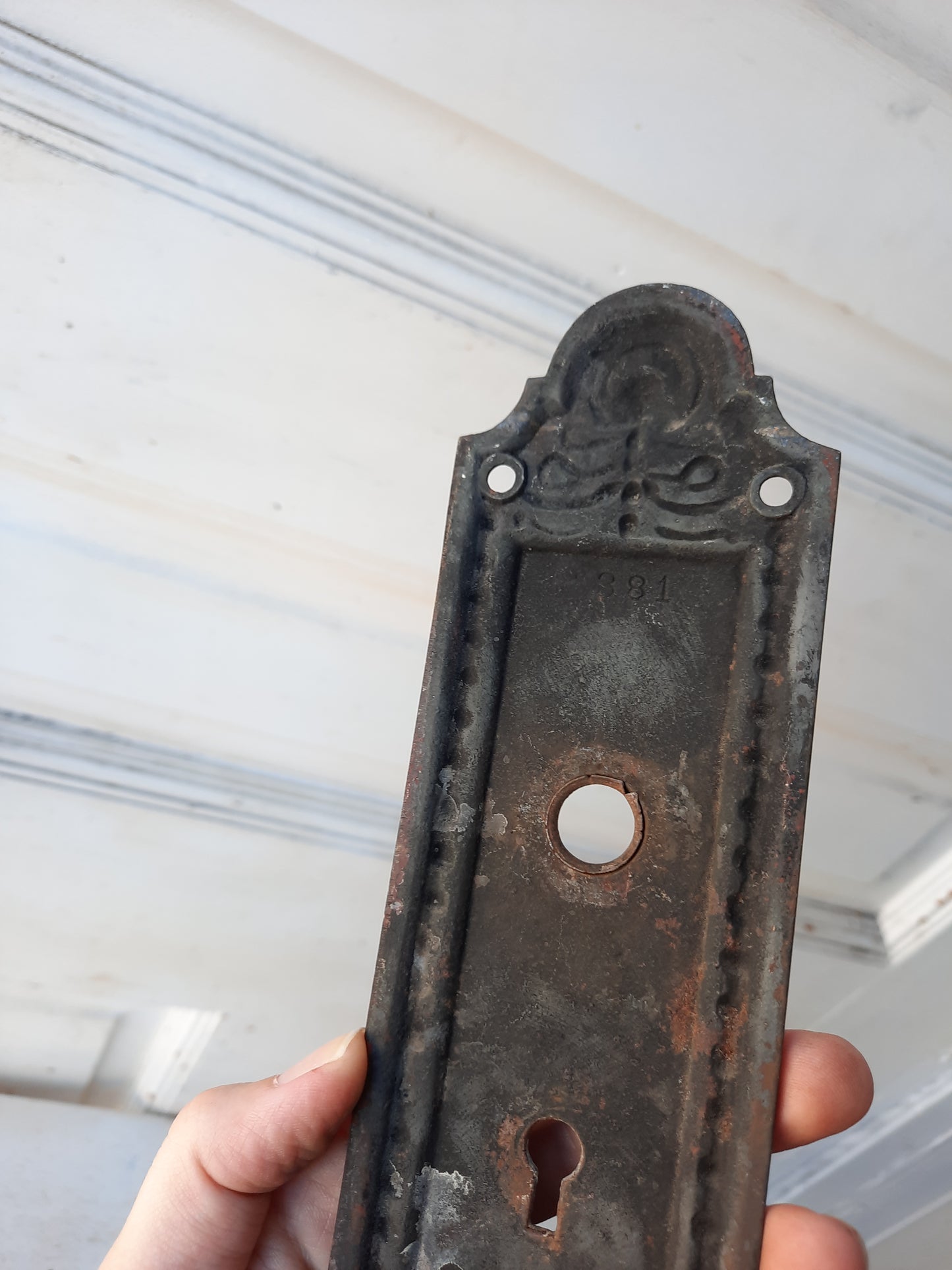 Antique Iron Entry Backplate, Double Keyhole Front Door Plate
