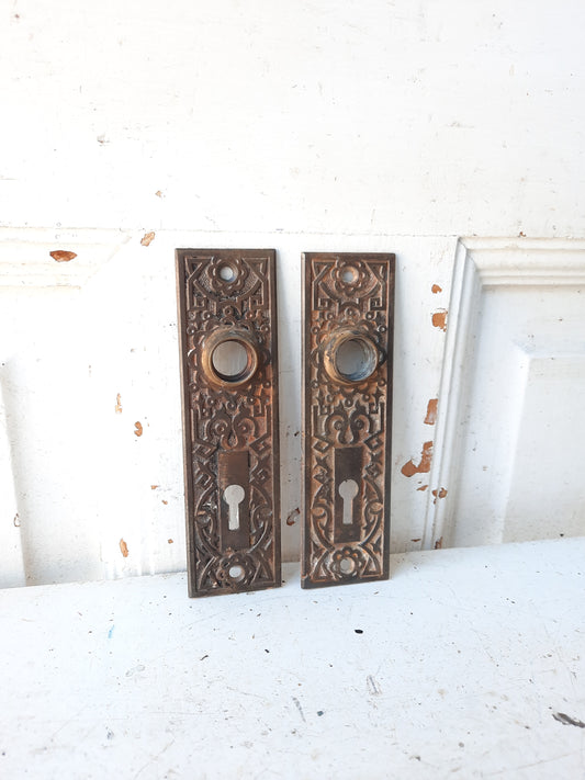 Pair of Antique Iron and Bronze Eastlake Backplates, Antique Doorknob Plates, Victorian Hardware