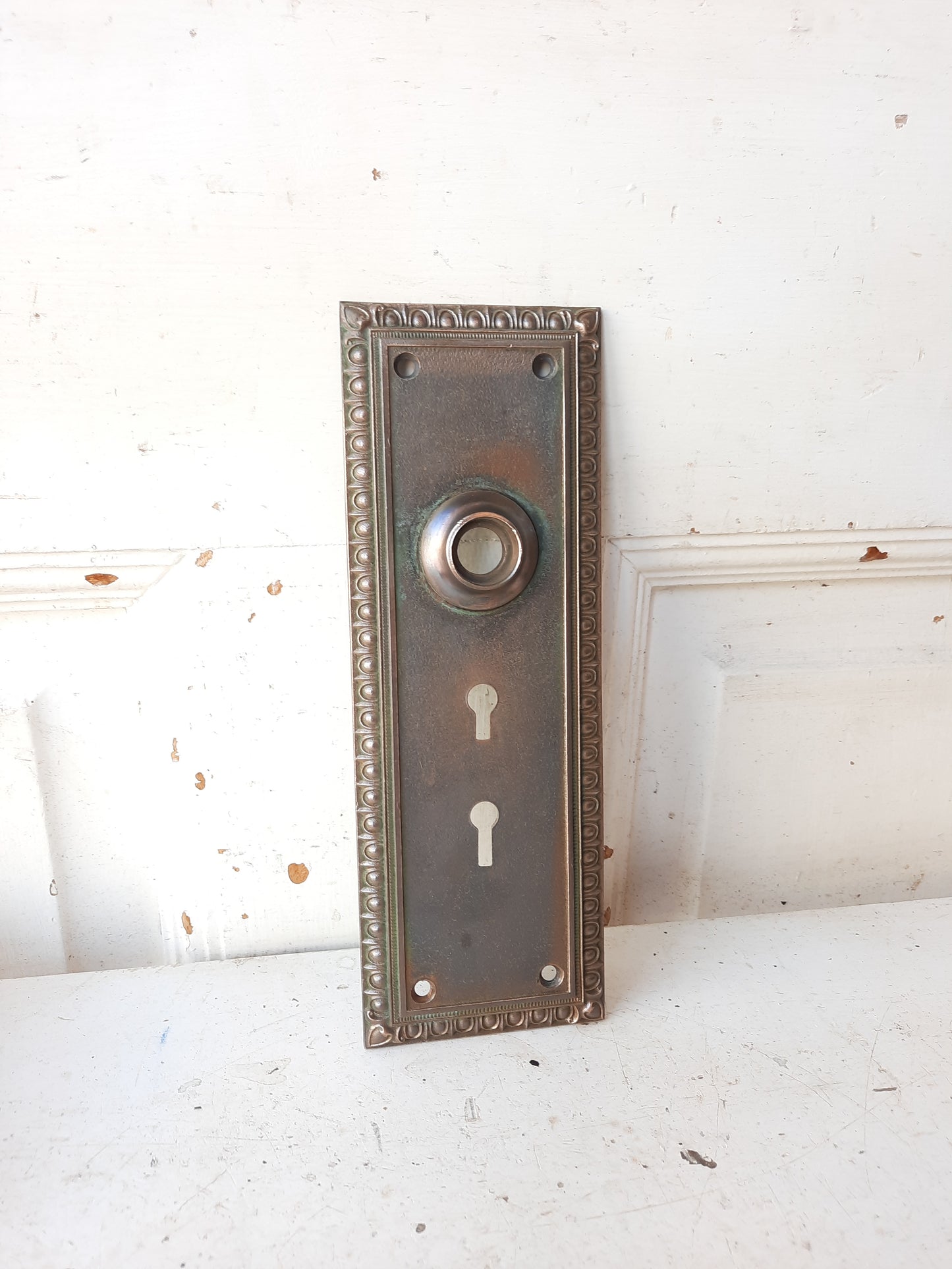 Antique Bronze Entry Backplate, Double Keyhole Front Door Plate