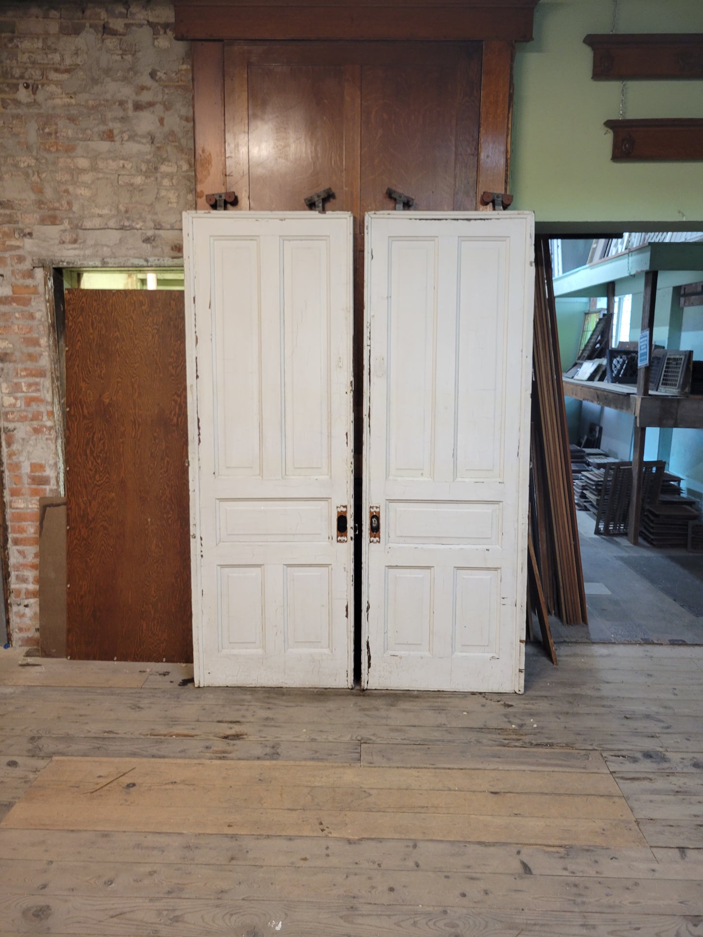 61x89 Antique Double Solid Wood Pocket Doors, Victorian Recessed Sliding Doors