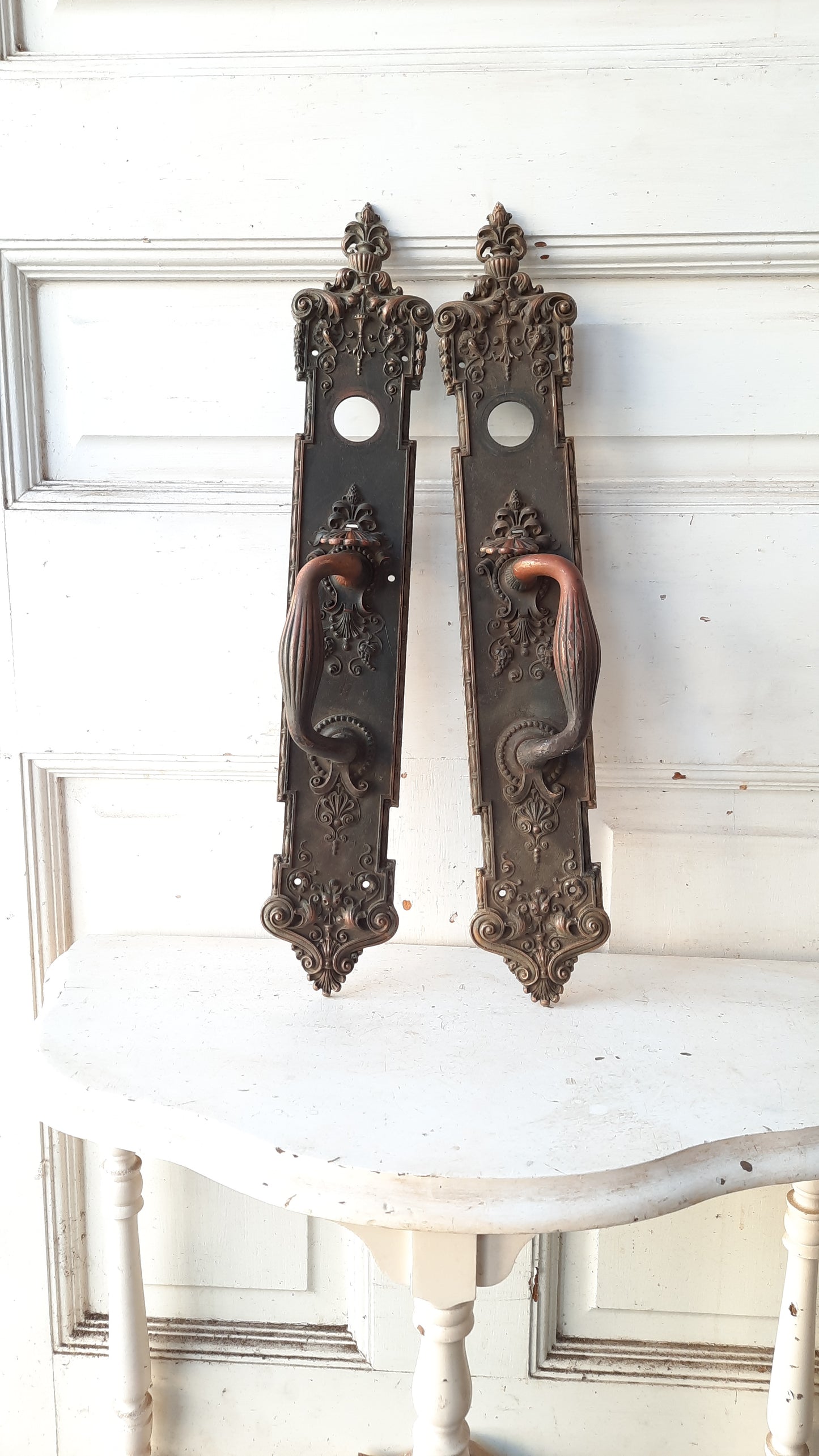 Pair of Solid Bronze 21" Double Door Pulls, Monumental Thumb Latch Door Handles