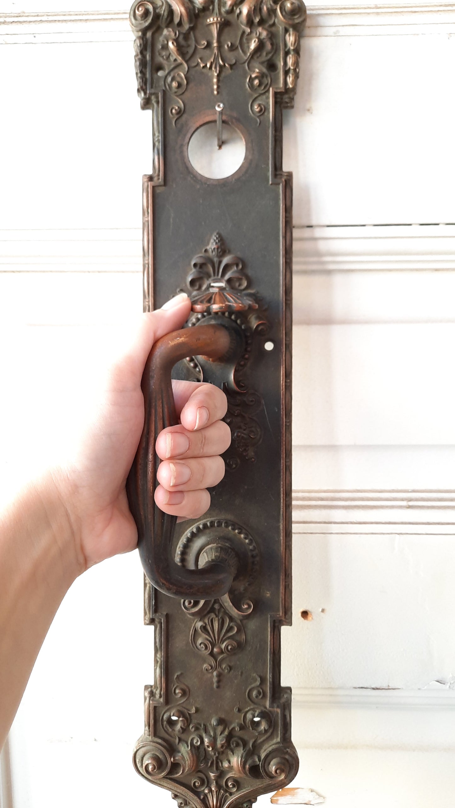 Pair of Solid Bronze 21" Double Door Pulls, Monumental Thumb Latch Door Handles