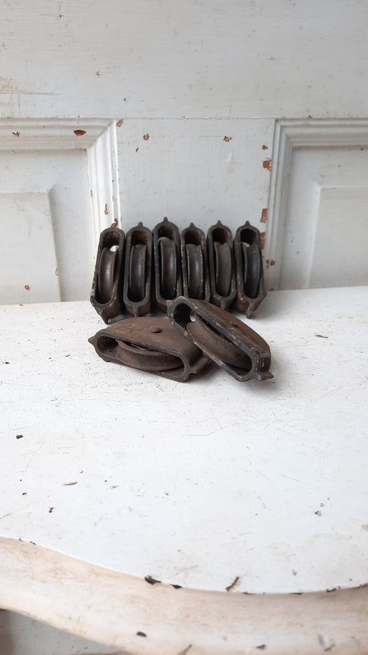Set of Antique Iron Sash Pulleys, Wooden Window Pulley Wheels for Weights