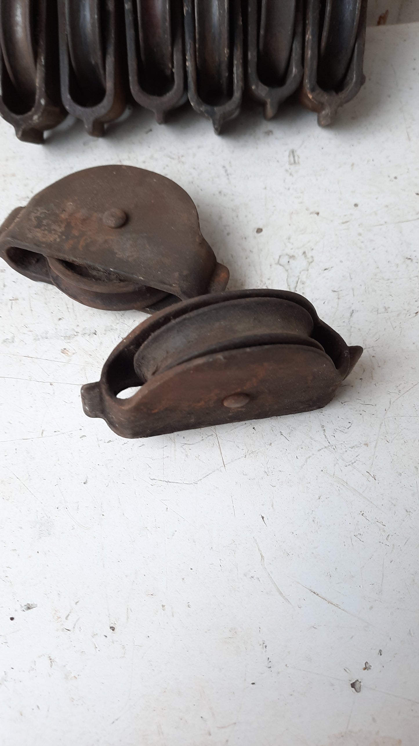Set of Antique Iron Sash Pulleys, Wooden Window Pulley Wheels for Weights