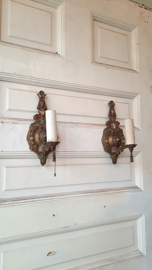 Pair of Polychrome Antique Wall Sconces, Antique Brass or Bronze Candle Wall Lights