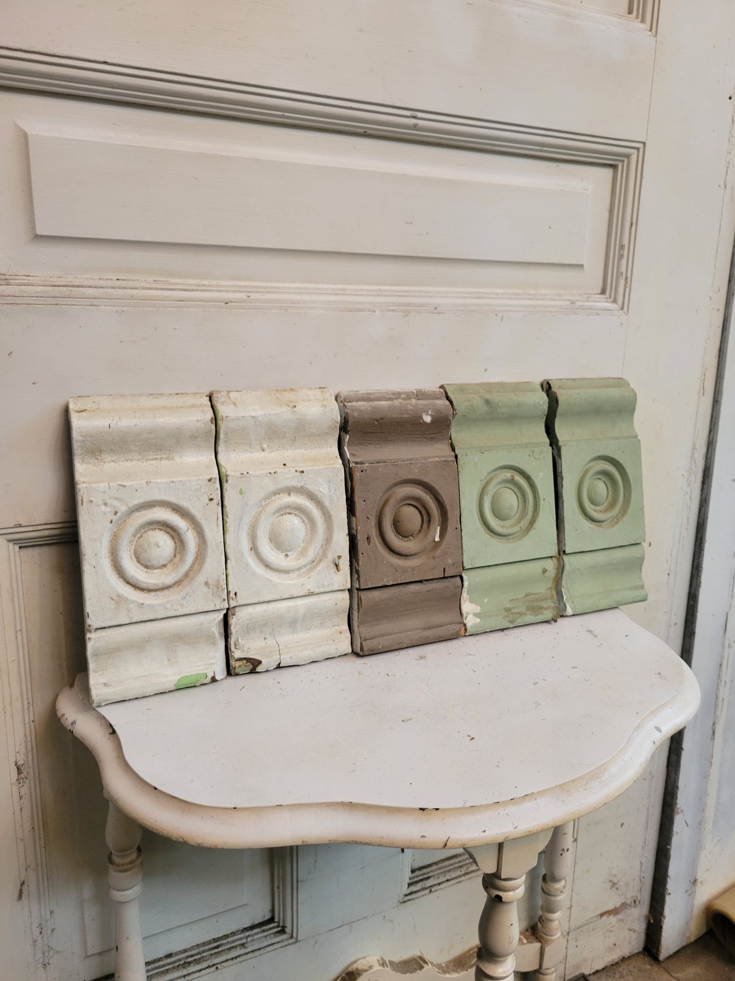 Five Antique Bullseye Plinth Blocks, Vintage Carved Wood Trim Blocks #121405
