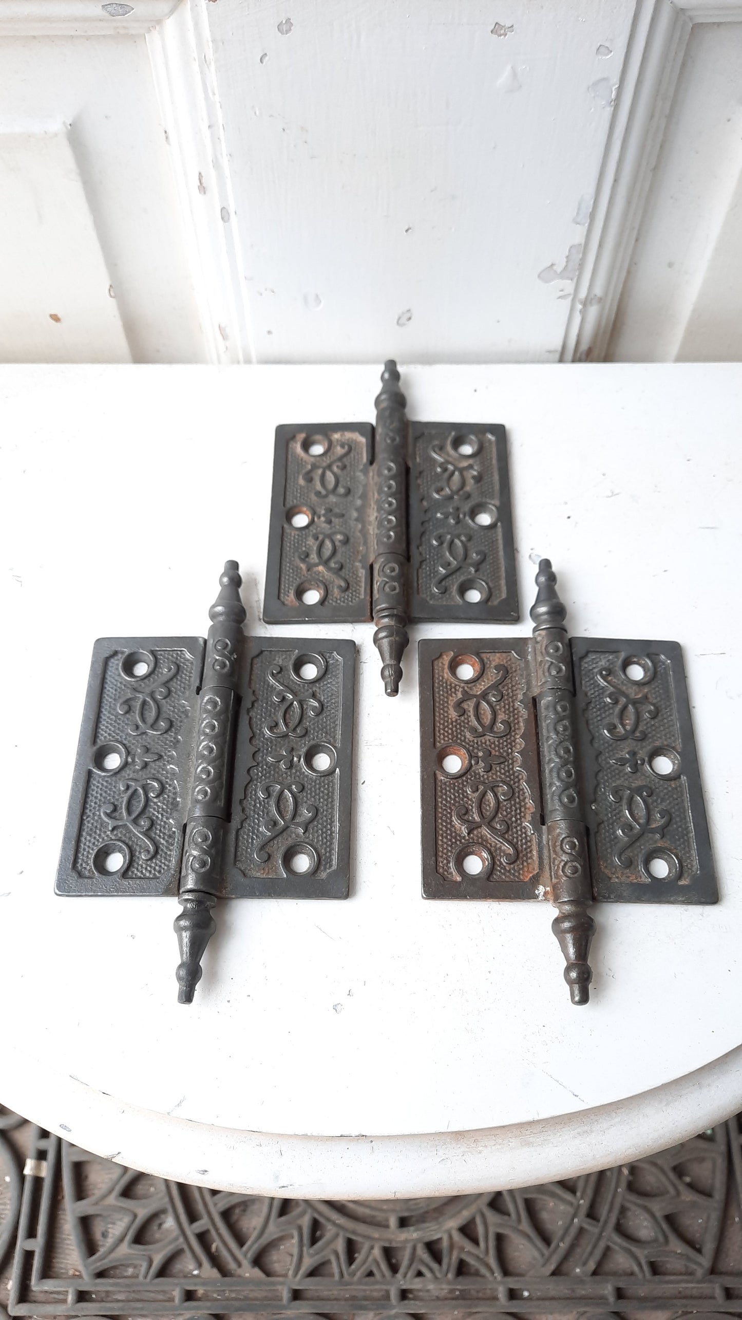 Set of Three 3 1/2" Steeple Tip Antique Hinges, Victorian Iron Ornate Pattern Door Hinges