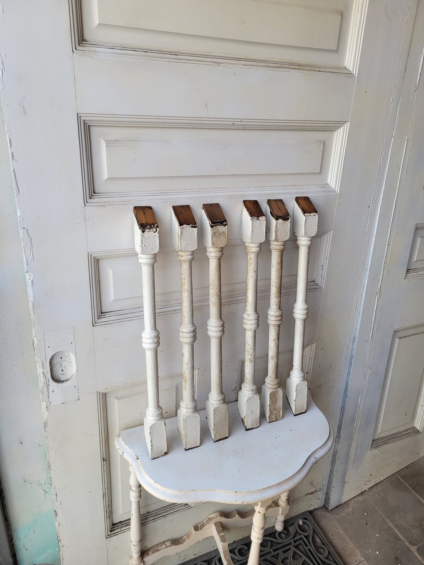 18 Square Antique White Spindles, Early 1900s Square Staircase Spindle Set #012805